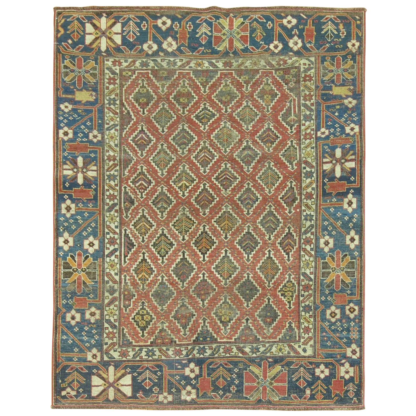 19th Century Rustic Caucasian Tribal Throw Rug For Sale