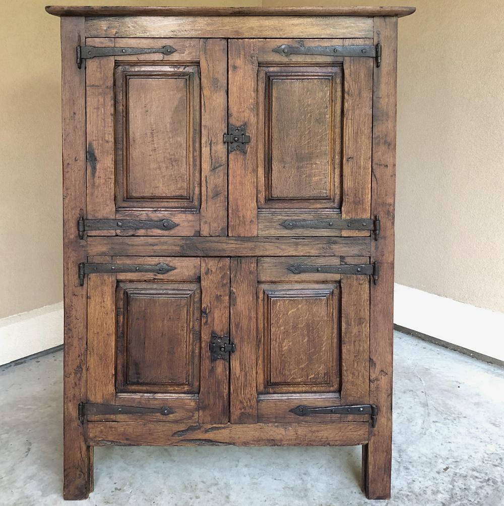 19th century rustic Country French cabinet is a charming piece, wrought by hand from local indigenous oak and fitted with strap hinges and lockworks from the local blacksmith! The tailored lines make it perfect for any casual decor, and the four