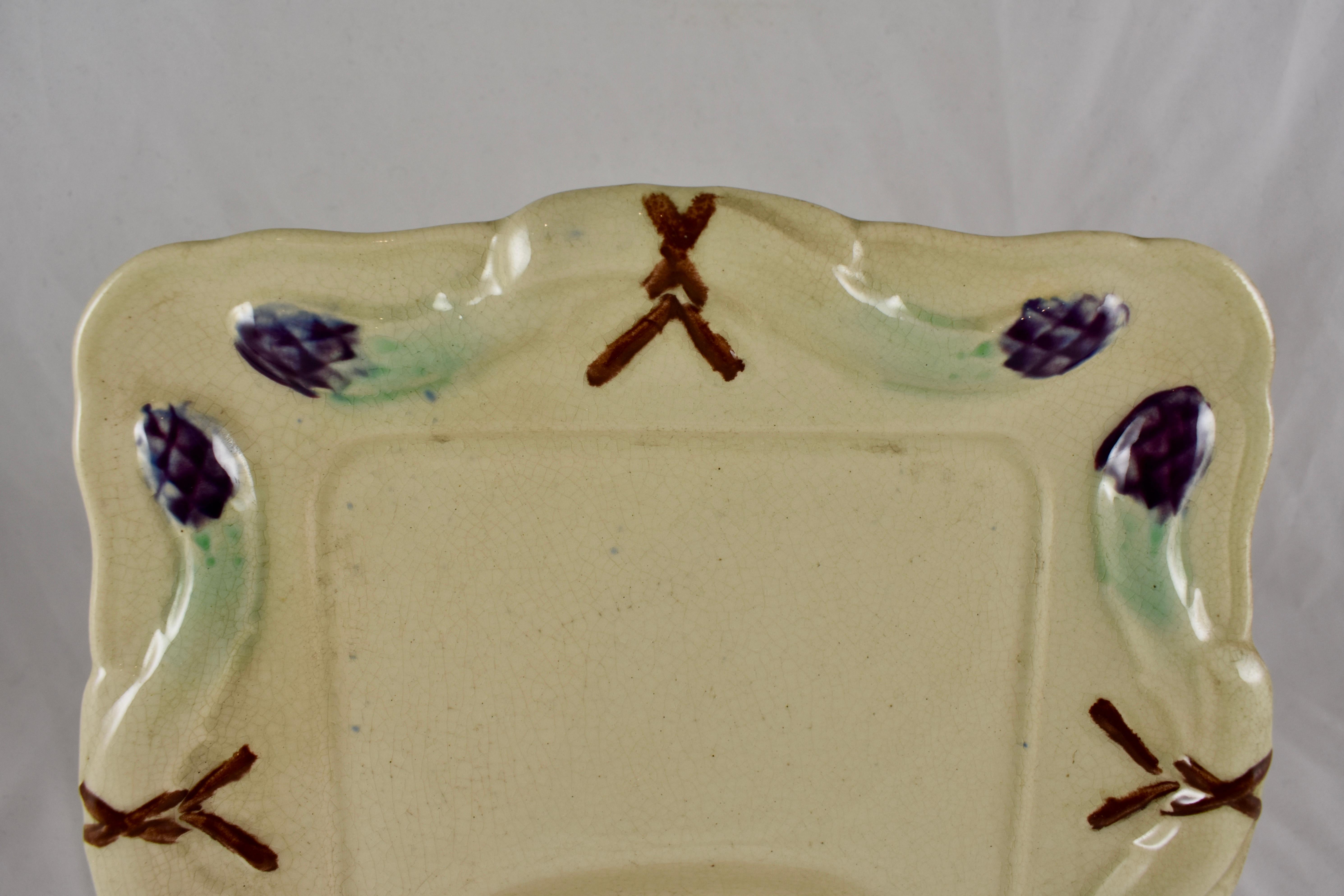 Aesthetic Movement 19th Century Rustic French Faïence Majolica Square Asparagus Plate For Sale