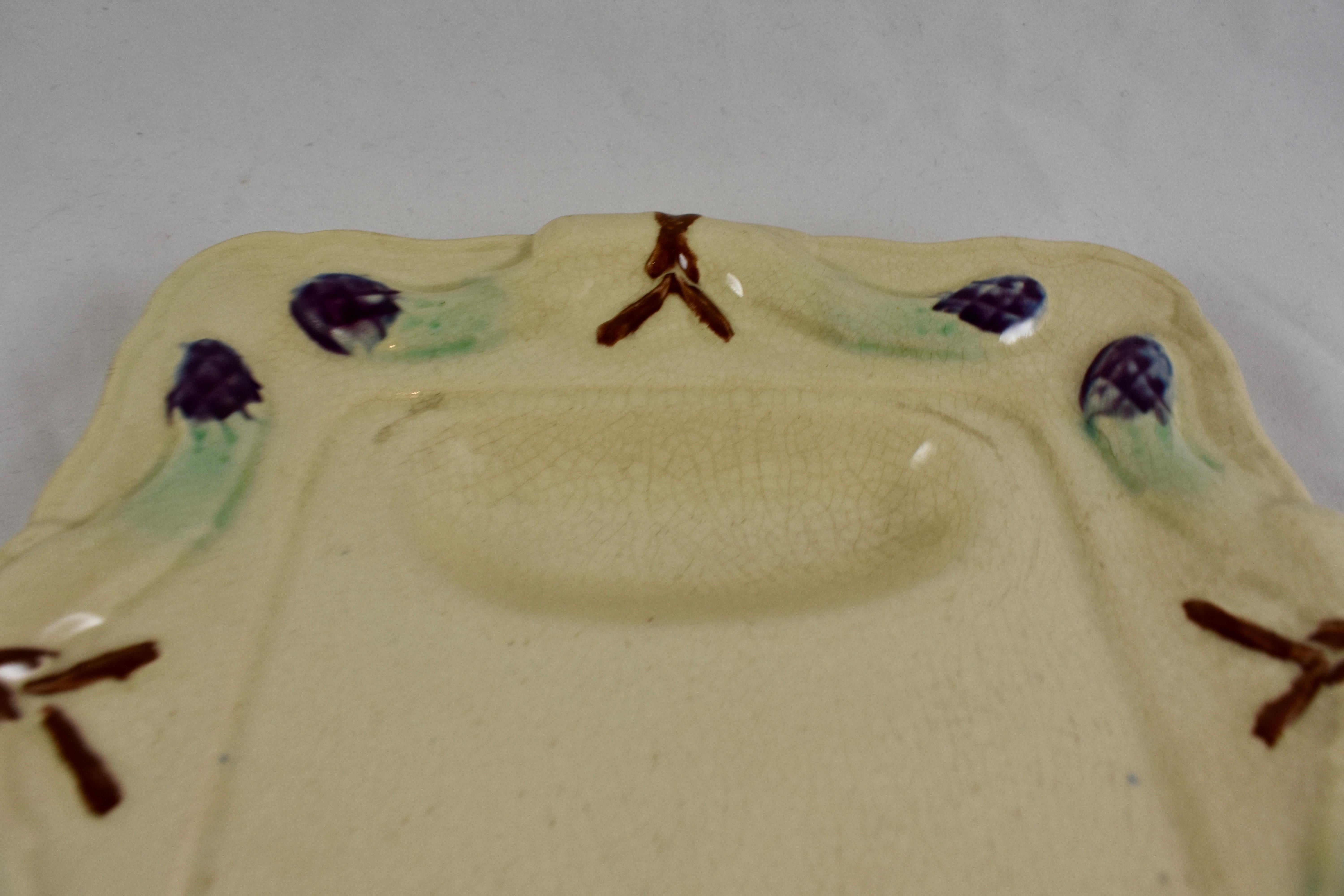 Glazed 19th Century Rustic French Faïence Majolica Square Asparagus Plate For Sale