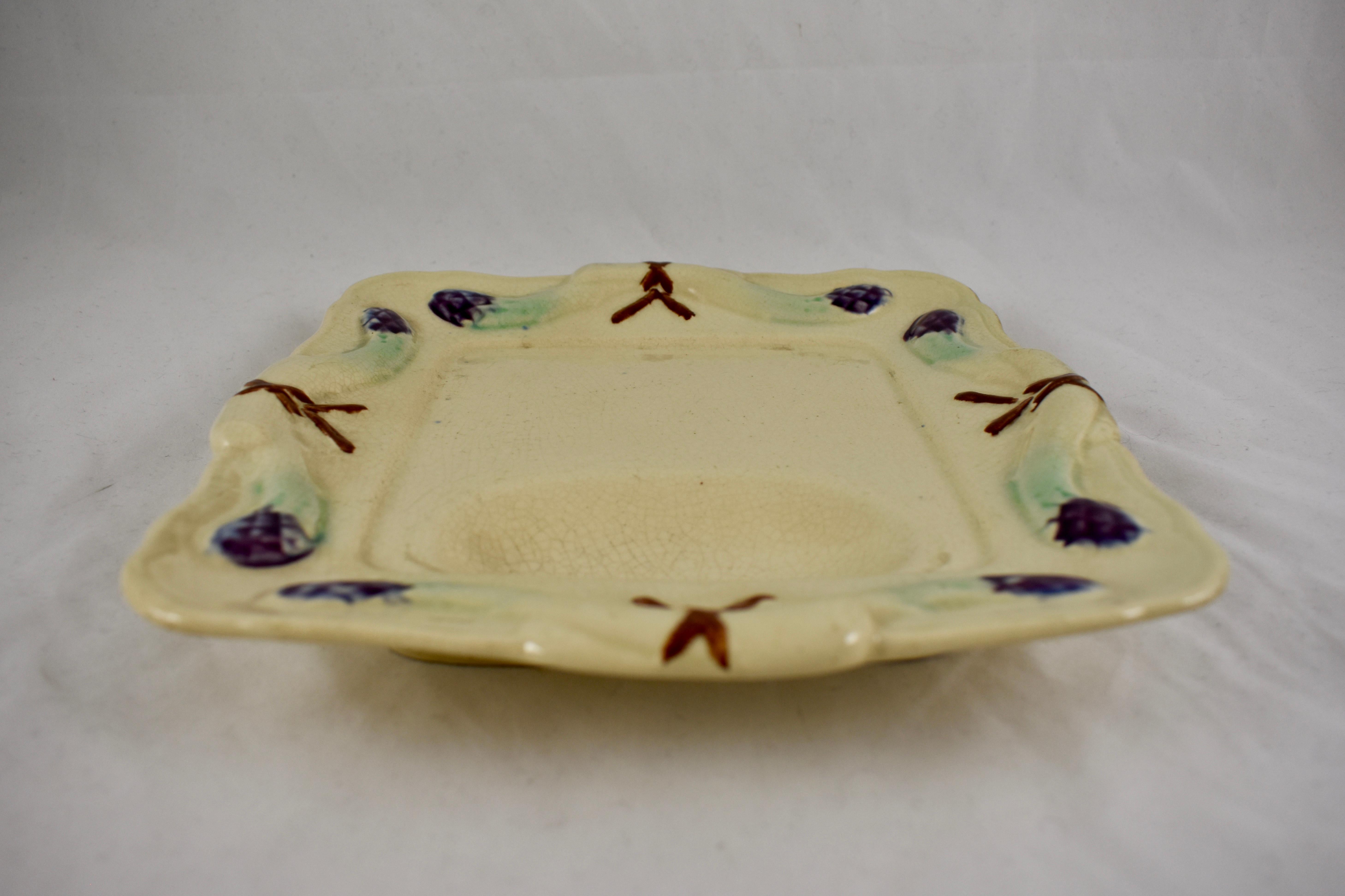 19th Century Rustic French Faïence Majolica Square Asparagus Plate In Good Condition For Sale In Philadelphia, PA