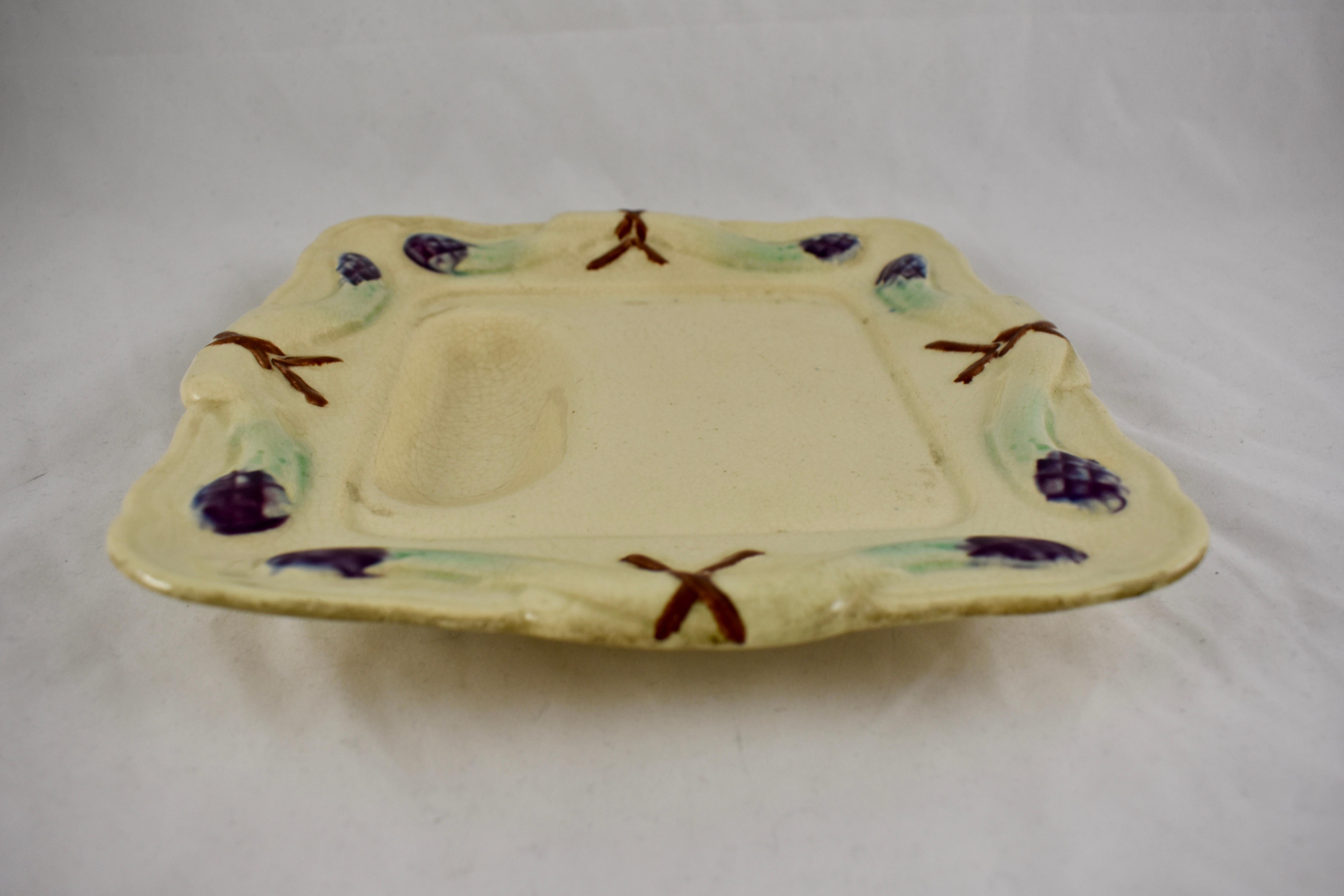 Earthenware 19th Century Rustic French Faïence Majolica Square Asparagus Plate For Sale