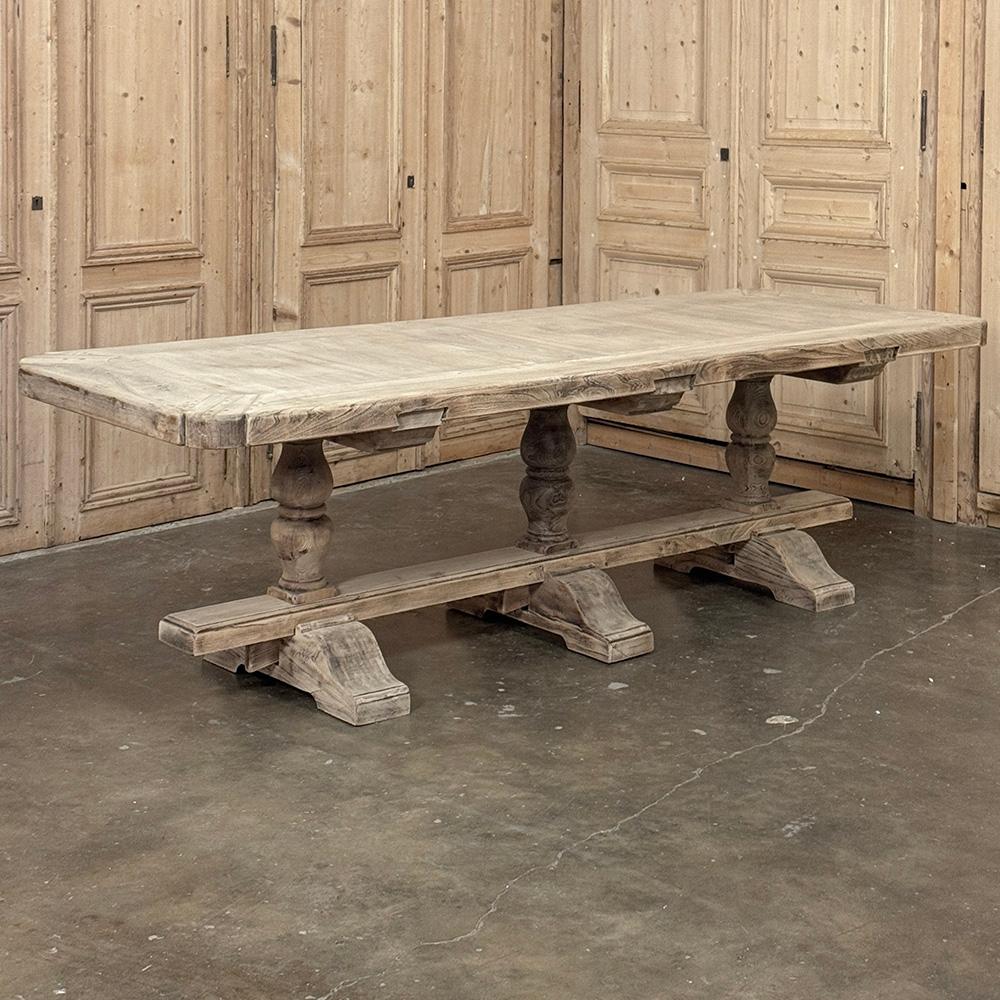 Hand-Crafted 19th Century Rustic Country French Triple Pedestal Trestle Dining Table For Sale