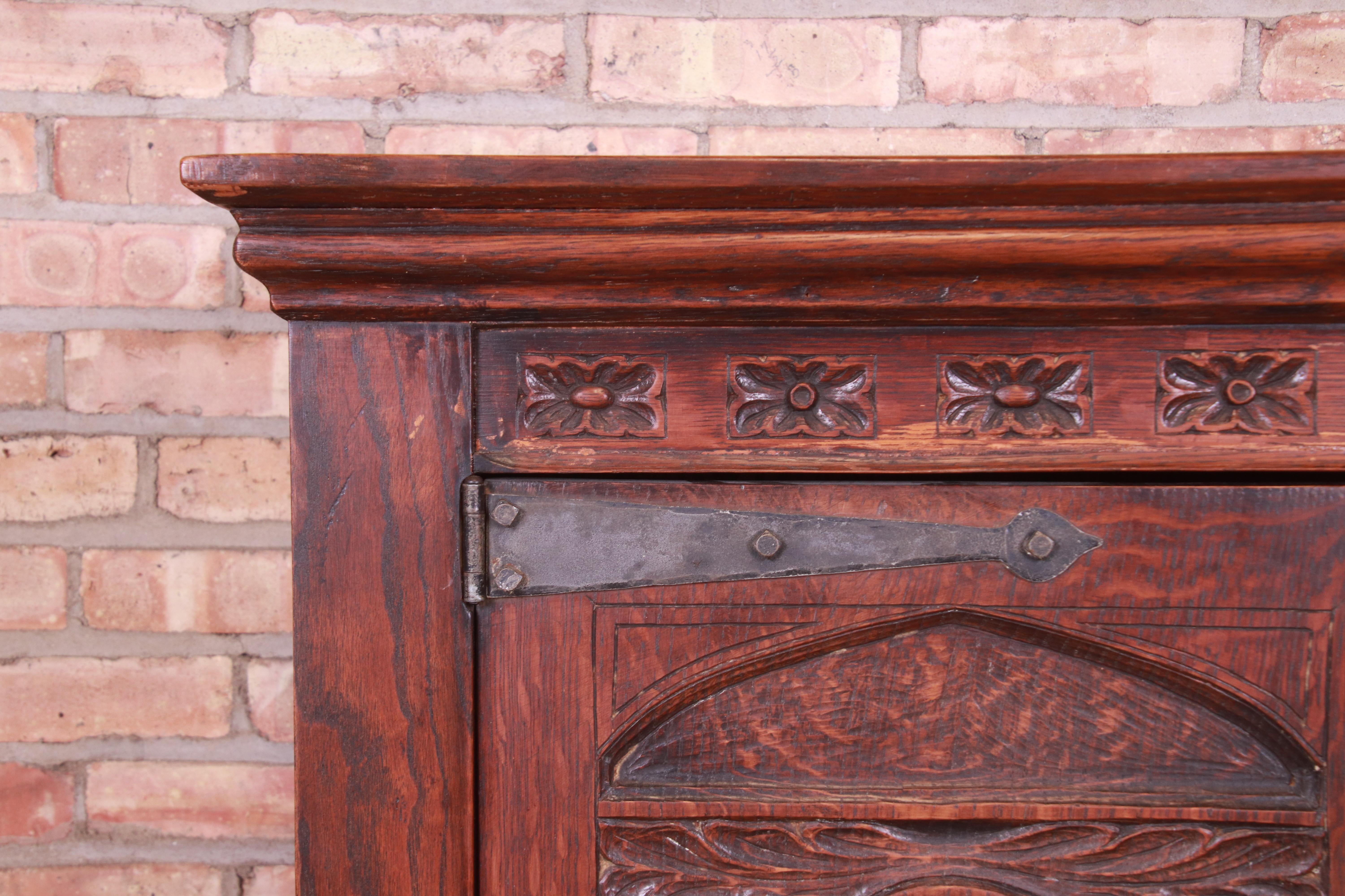 19th Century Rustic European Carved Oak Bar Cabinet 5