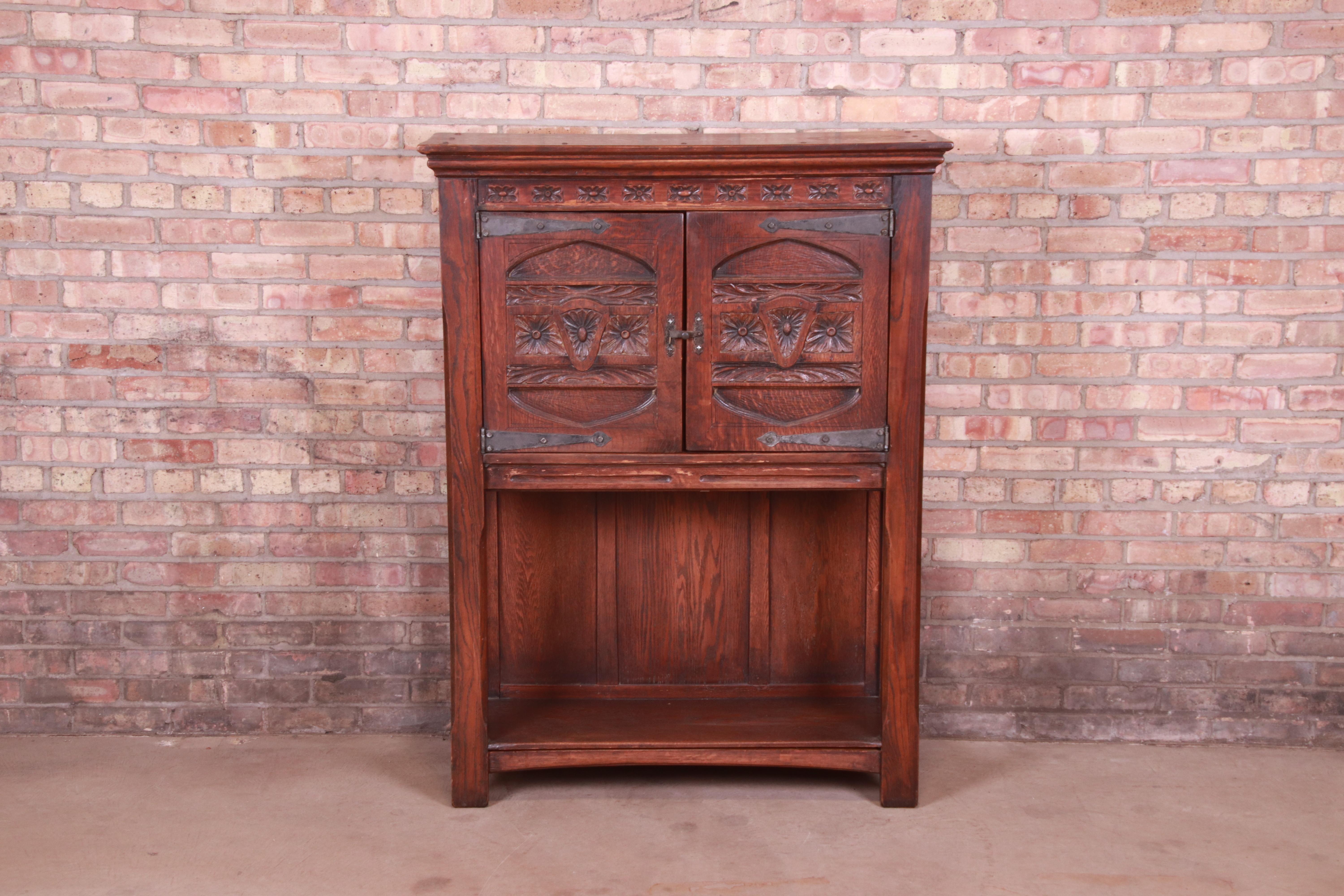 Gothic Revival 19th Century Rustic European Carved Oak Bar Cabinet