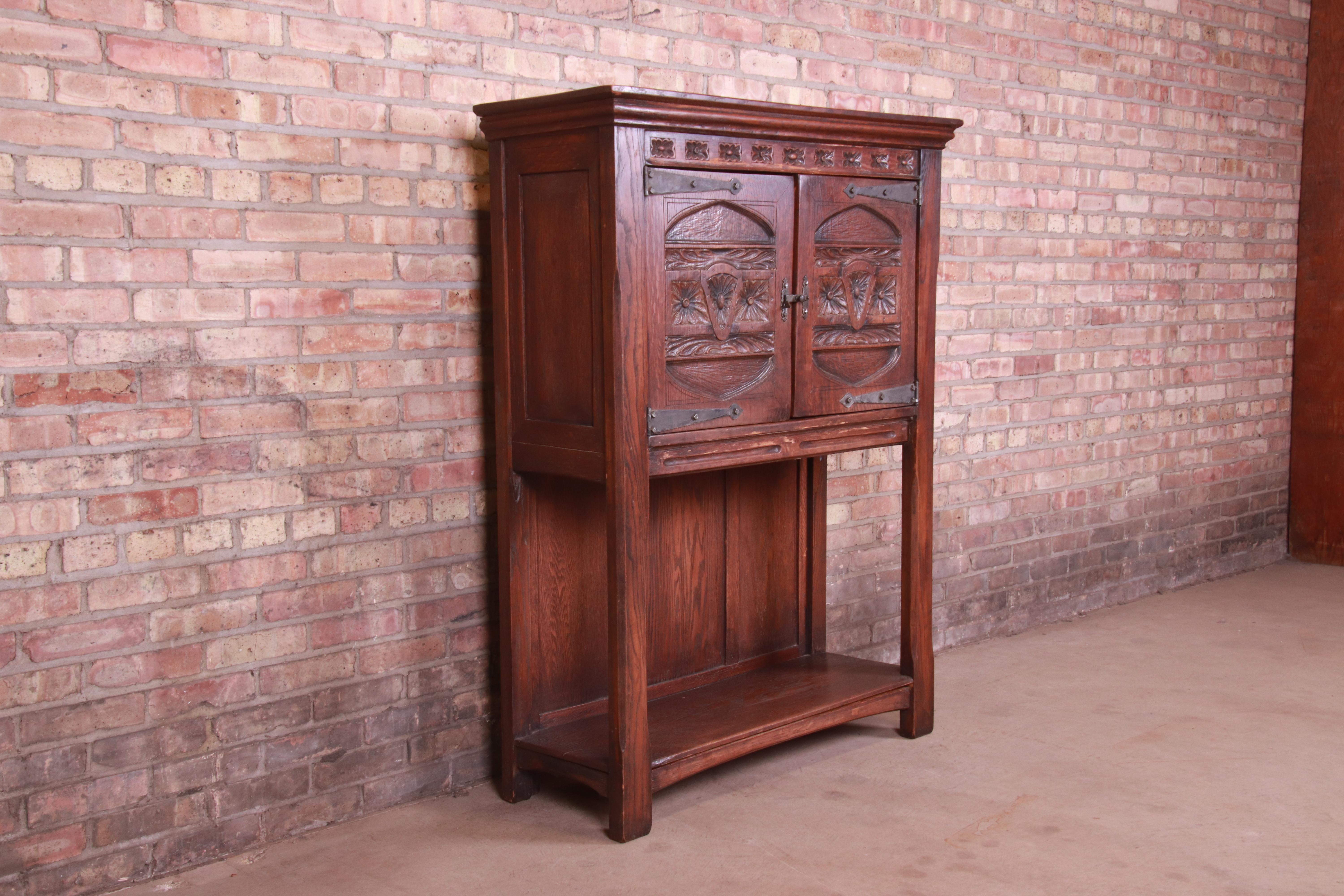 19th Century Rustic European Carved Oak Bar Cabinet 1