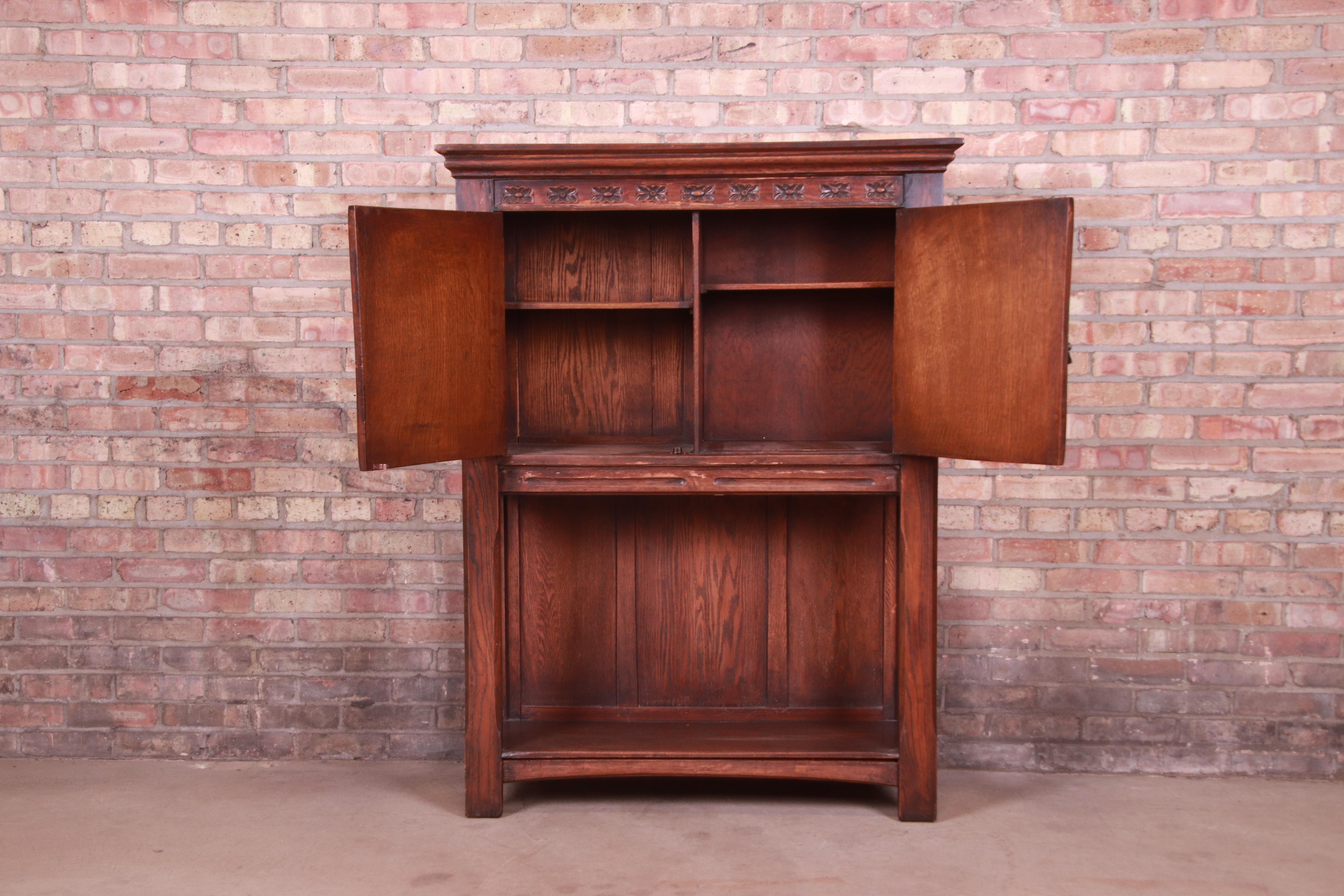 19th Century Rustic European Carved Oak Bar Cabinet 2