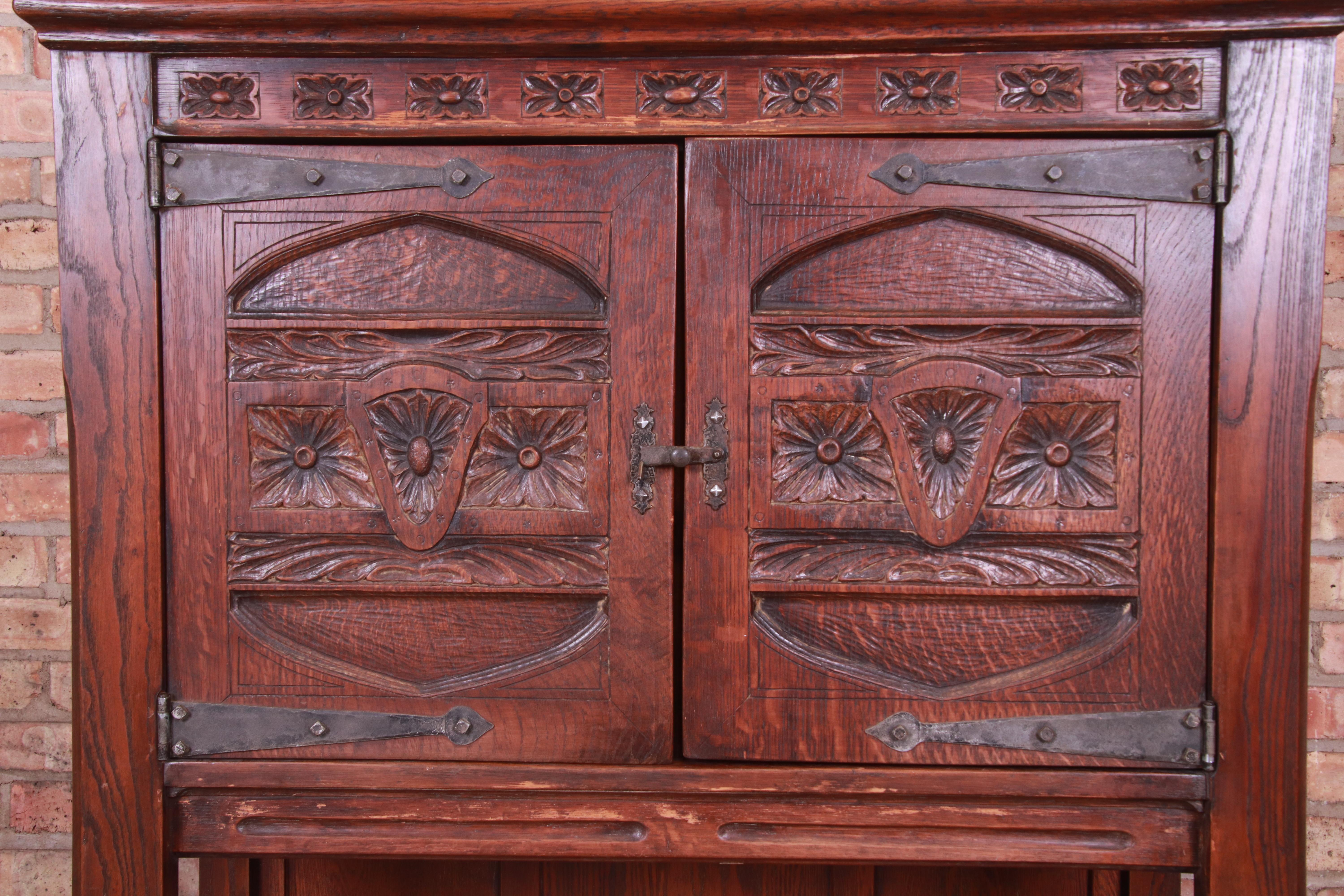 19th Century Rustic European Carved Oak Bar Cabinet 3