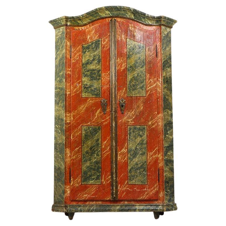 19th Century Rustic Farmhouse Folk Art Marble Painted Bridal Cabinet For Sale