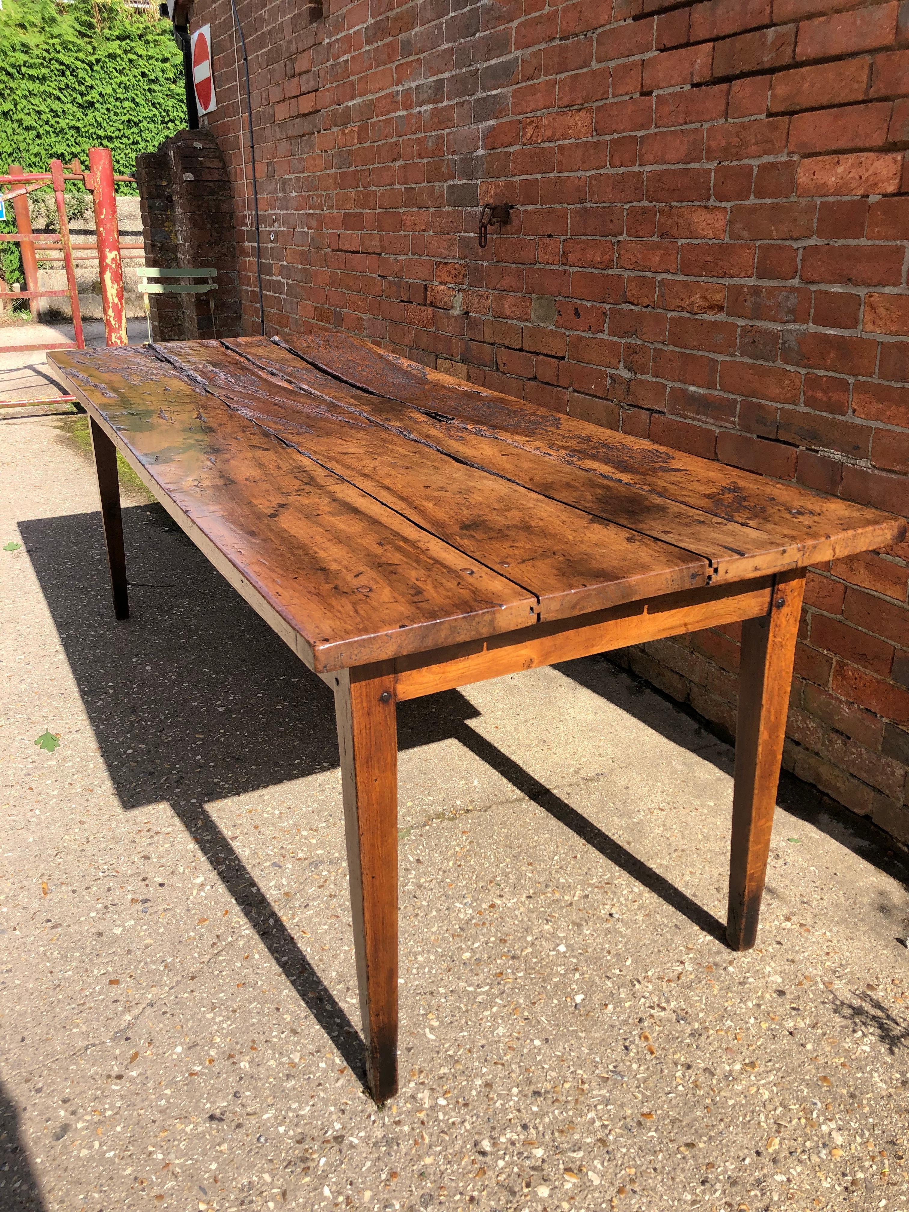 19th Century Rustic French Fruitwood Farm Table In Distressed Condition In Bournemouth, GB