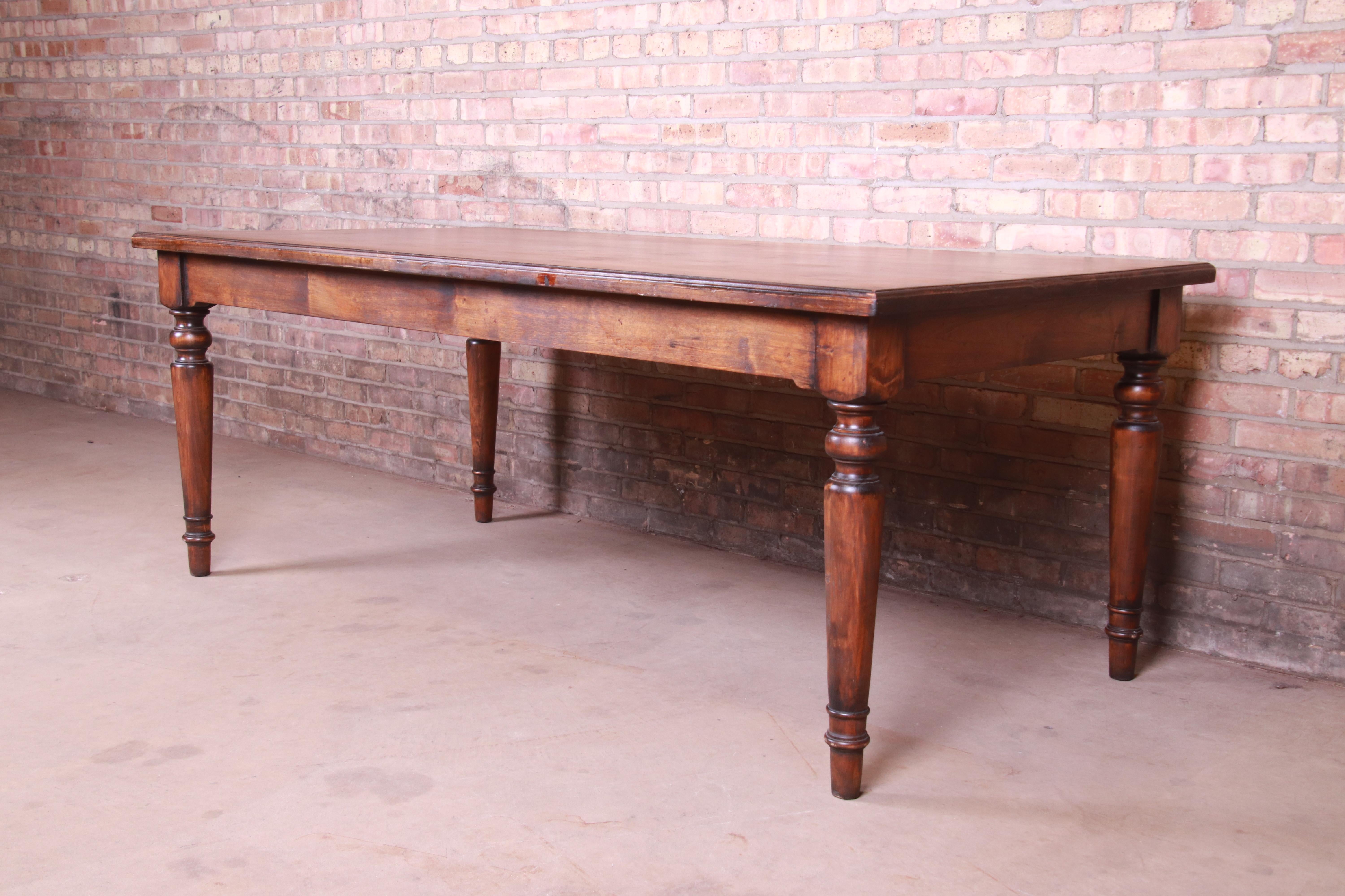 19th Century Rustic French Harvest Farm Table with Turned Legs In Good Condition In South Bend, IN