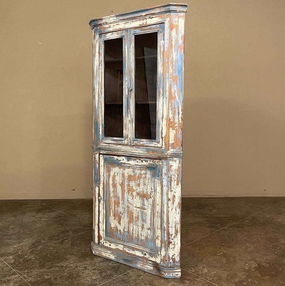 Hand-Painted 19th Century Rustic French Painted Corner Cabinet For Sale