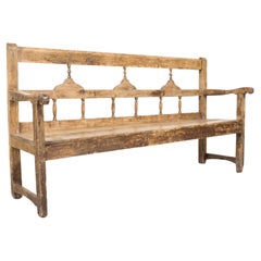 19th Century Rustic French Pine Hall Bench with Arms