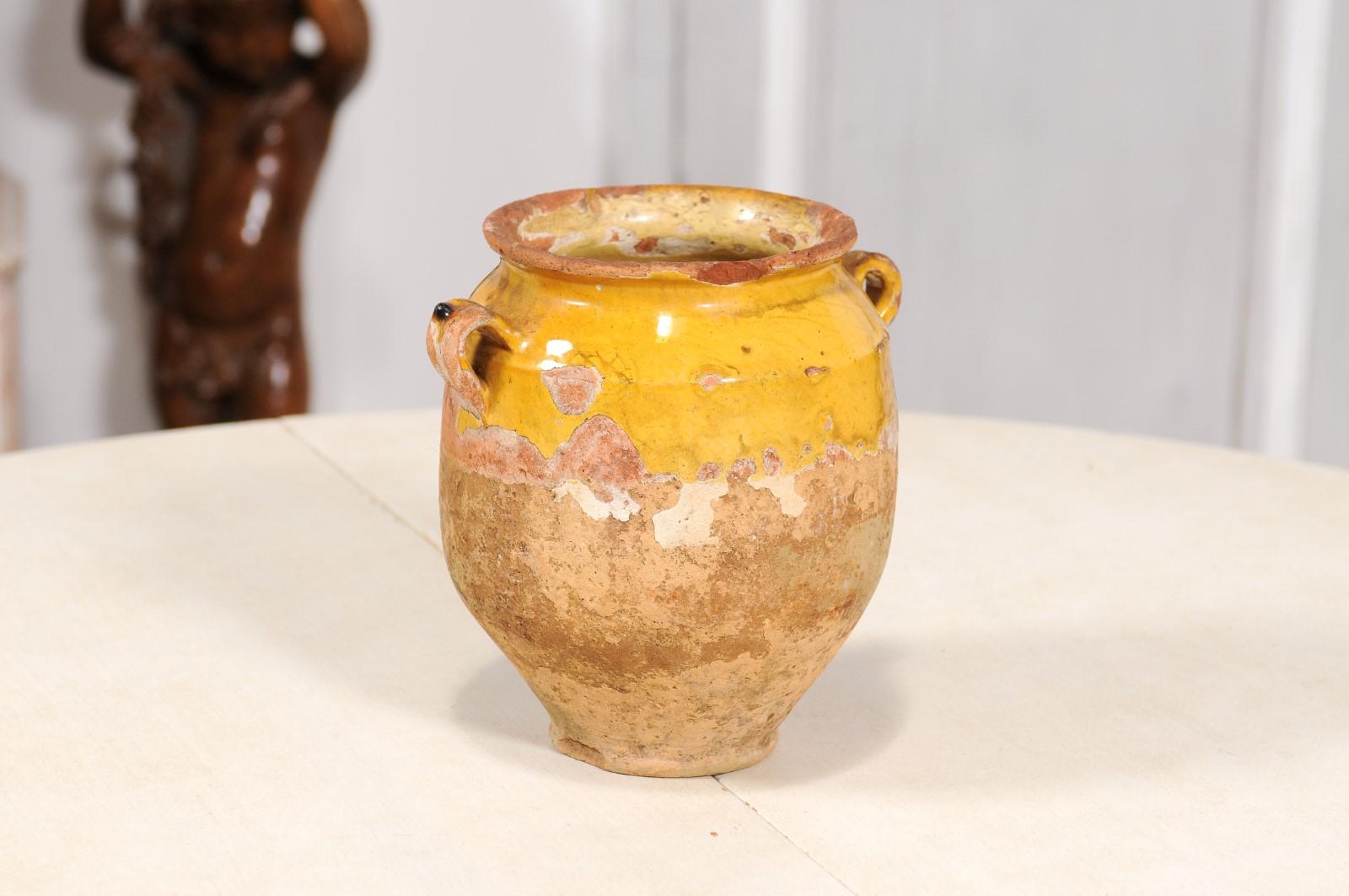 Glazed 19th Century Rustic French Provincial Pot à Confit with Yellow Glaze and Handles