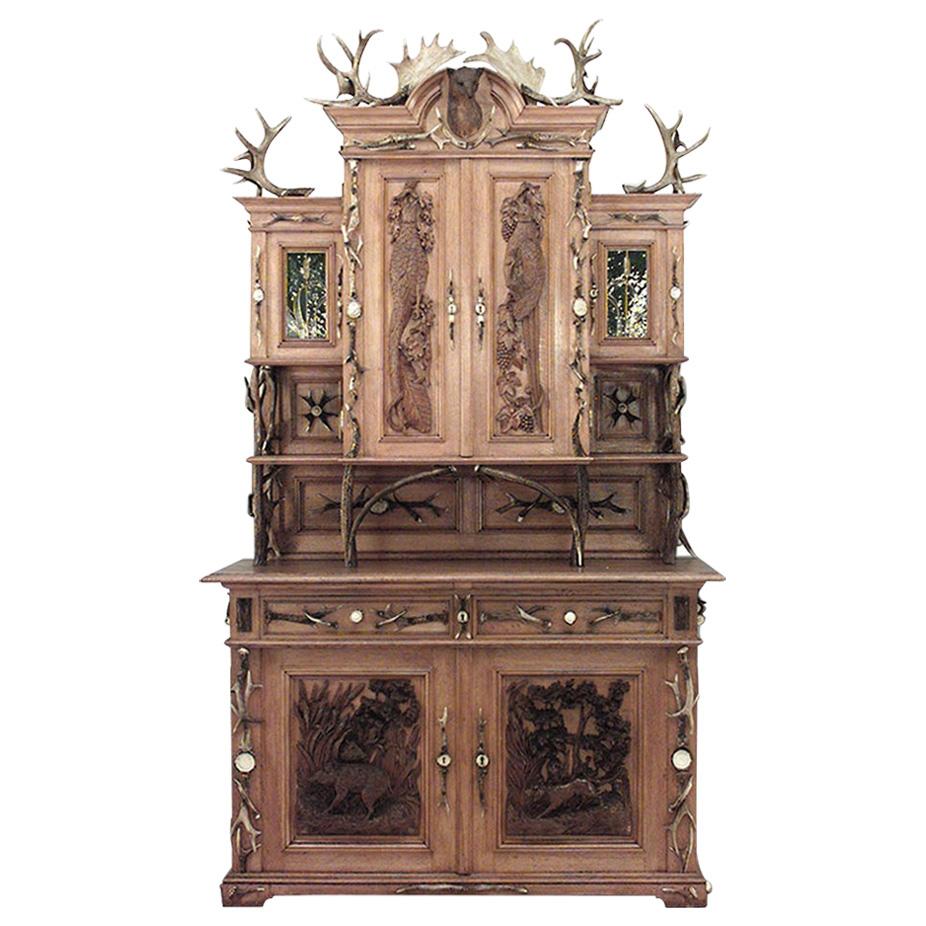 Rustic German Oak & Horn Hutch Cabinet For Sale