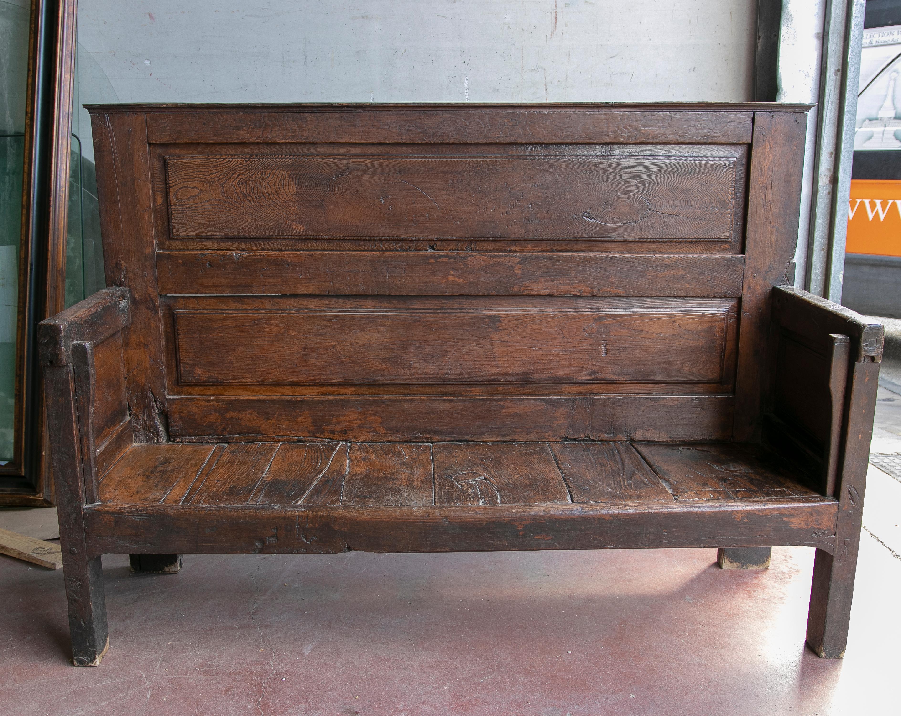 19th Century rustic hand carved wooden bench.