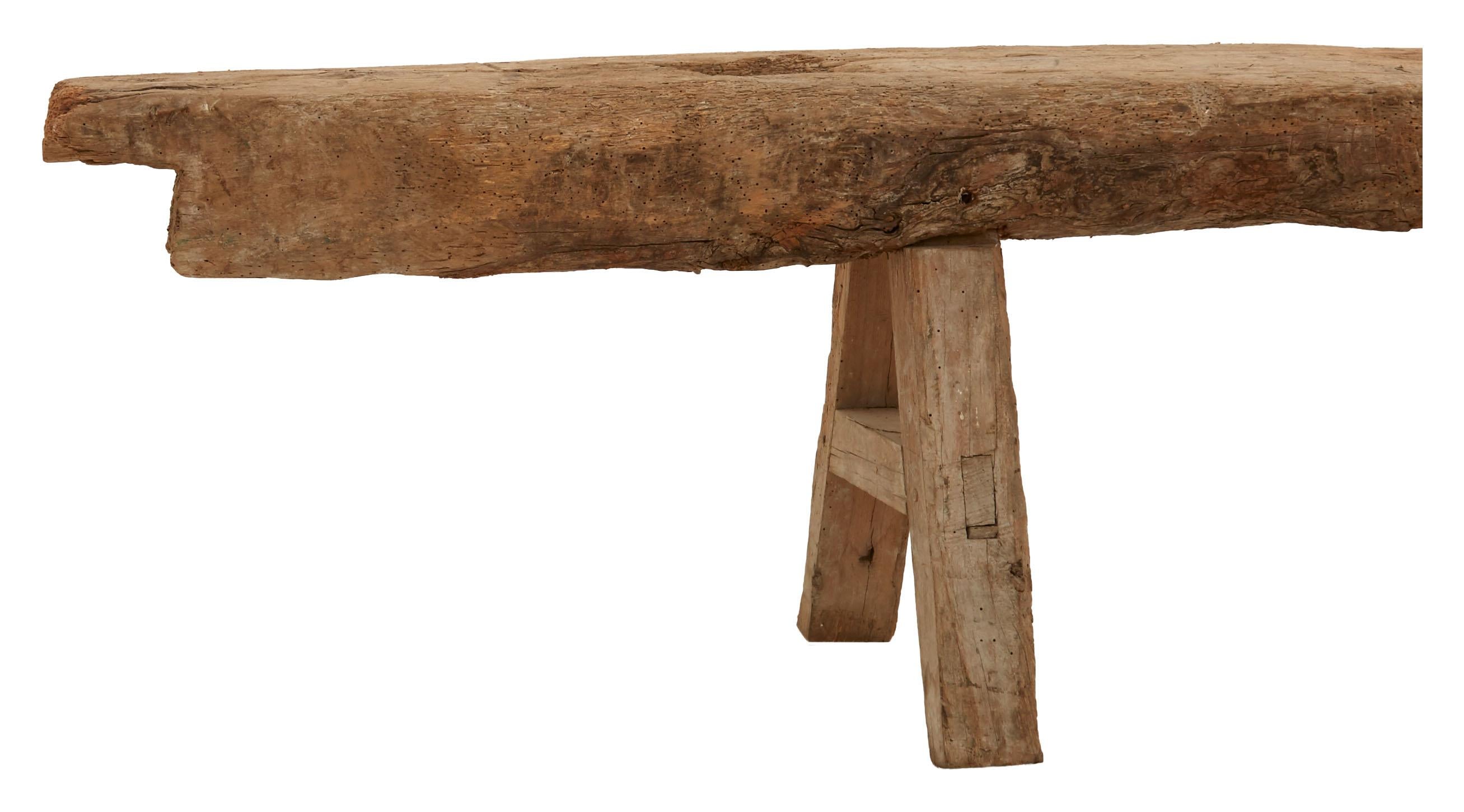 19th Century Rustic Hand Hewn Wood Bench In Good Condition In Chicago, IL