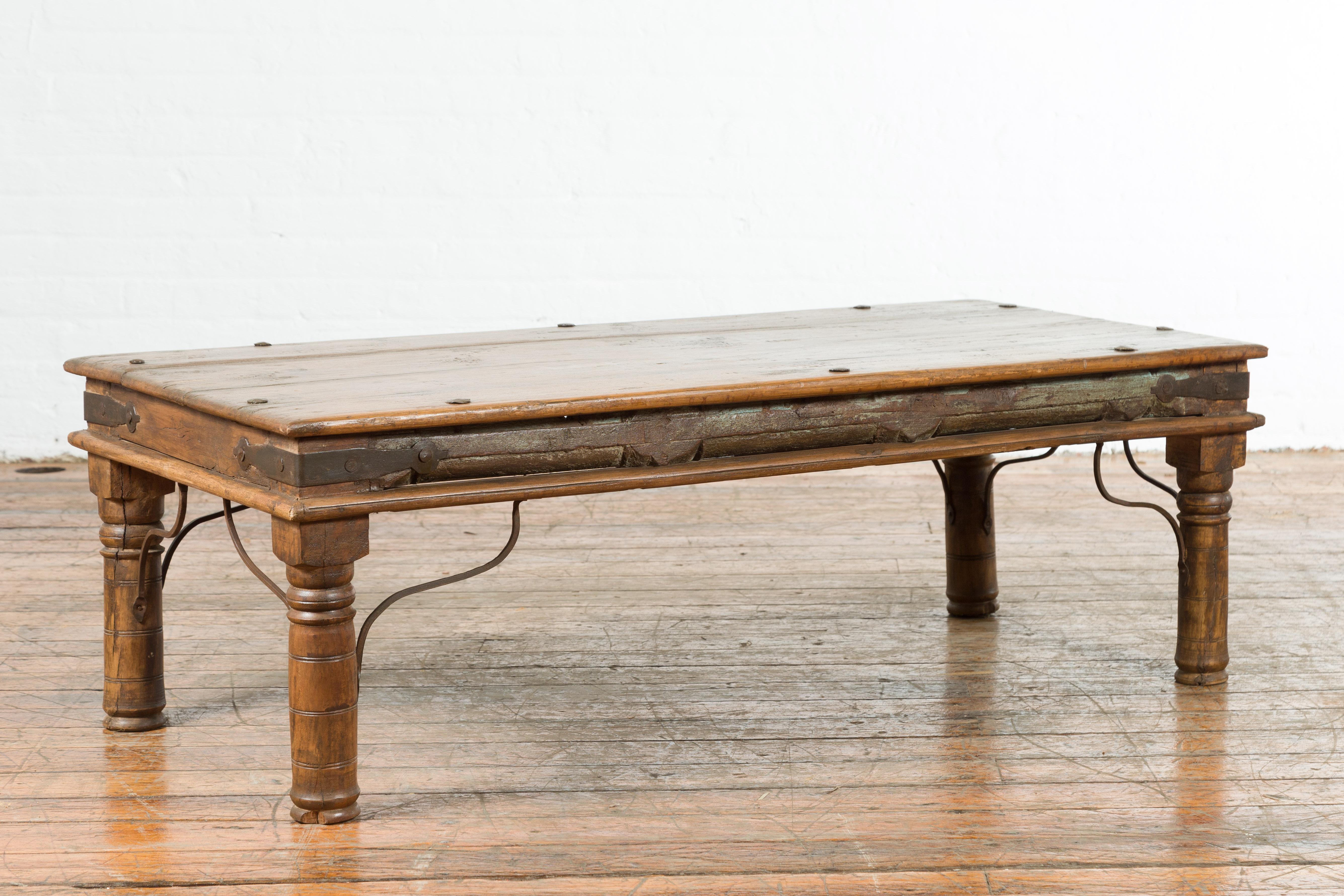 19th Century Rustic Indian Coffee Table with Painted Apron and Iron Accents 7