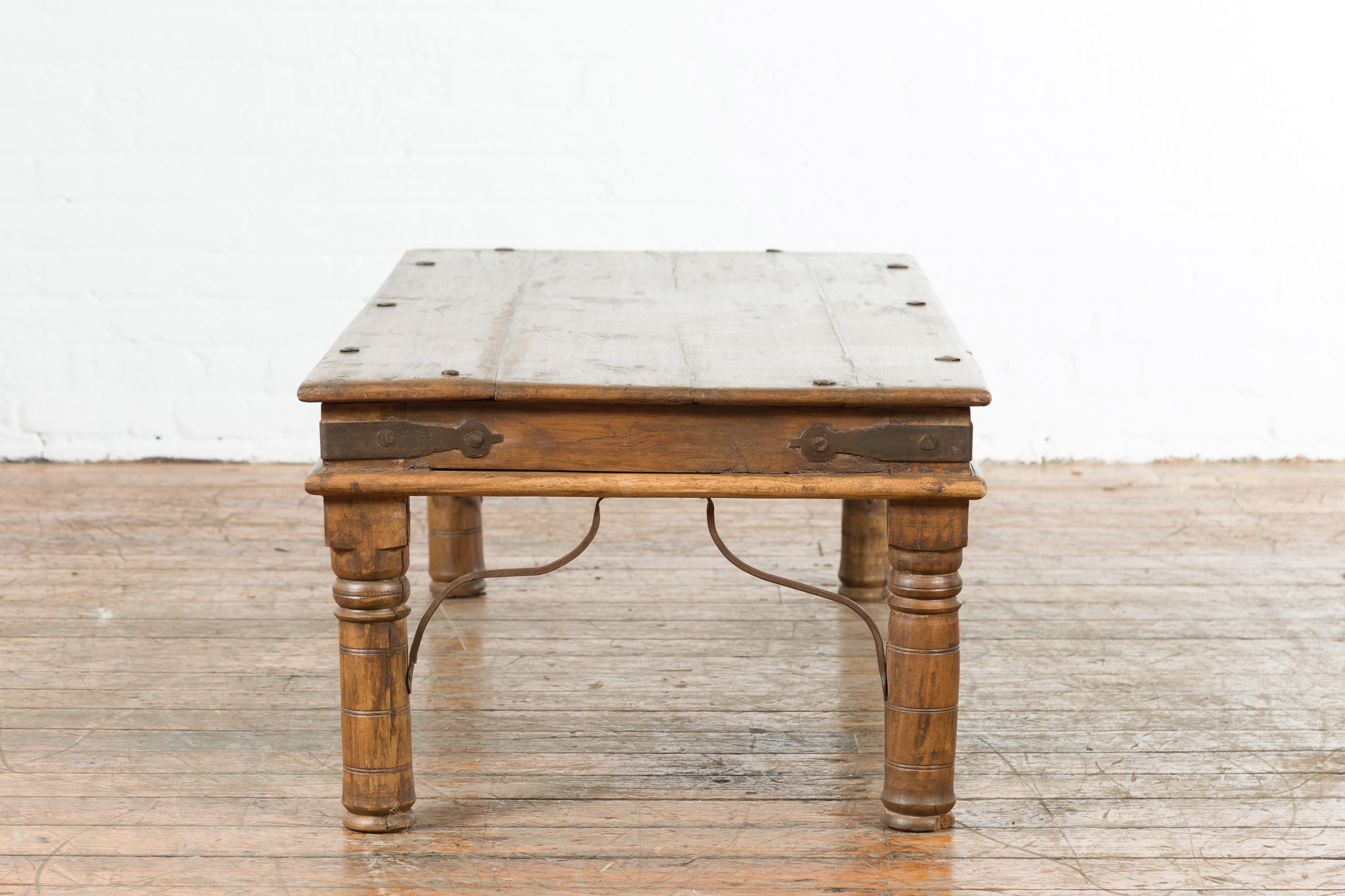 19th Century Rustic Indian Coffee Table with Painted Apron and Iron Accents 8