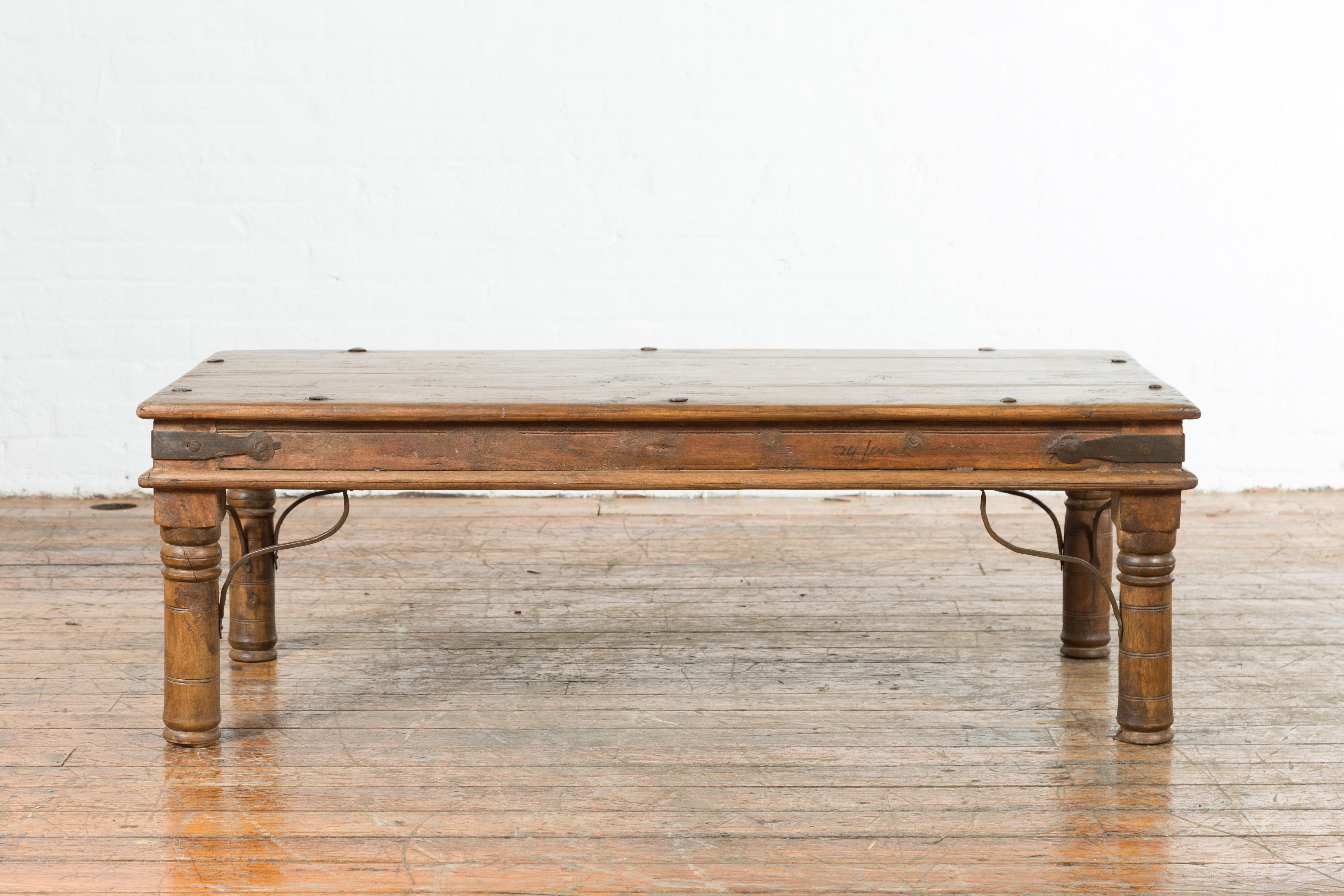 19th Century Rustic Indian Coffee Table with Painted Apron and Iron Accents 10