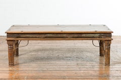 19th Century Rustic Indian Coffee Table with Painted Apron and Iron Accents