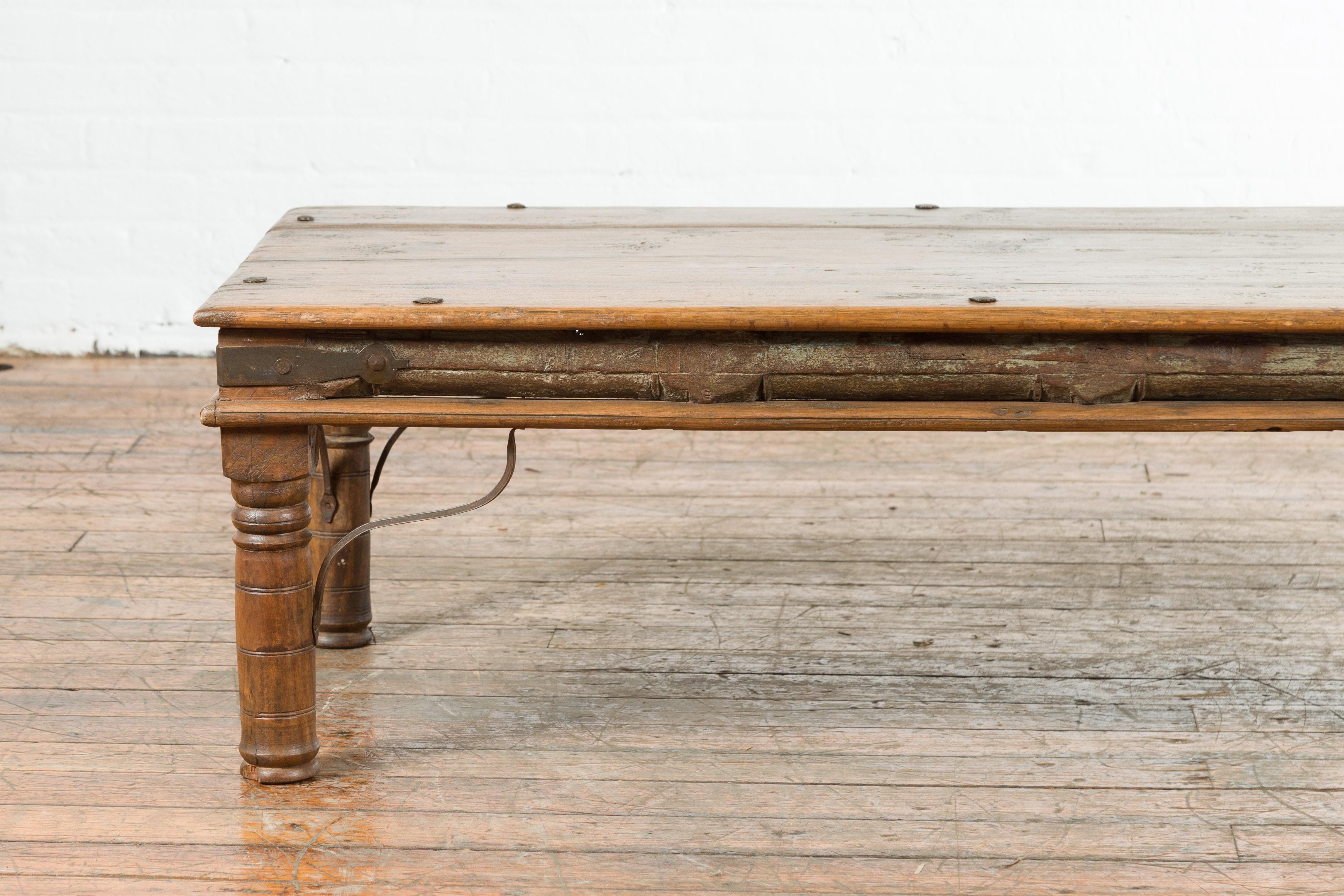 19th Century Rustic Indian Coffee Table with Painted Apron and Iron Accents 1