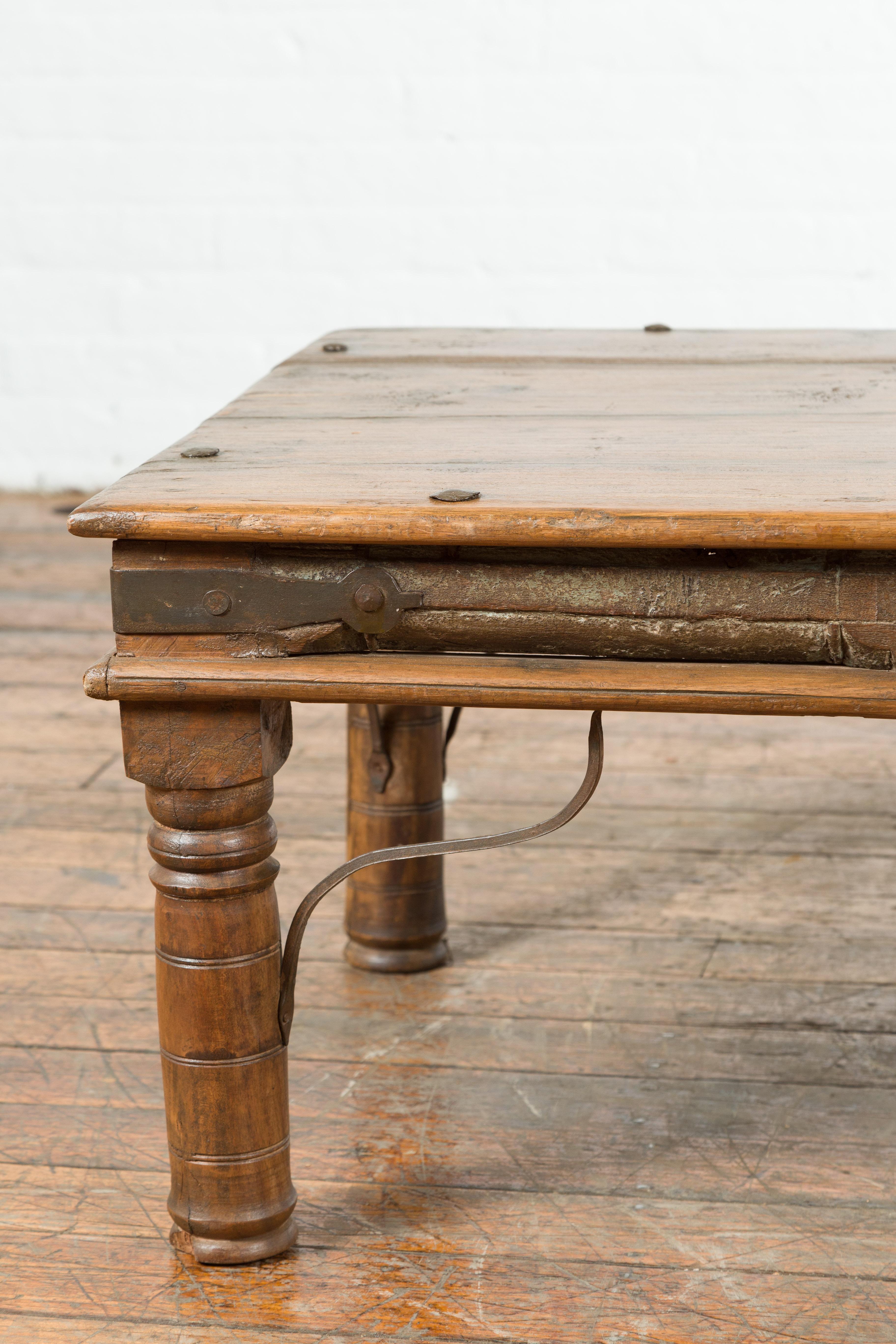19th Century Rustic Indian Coffee Table with Painted Apron and Iron Accents 3