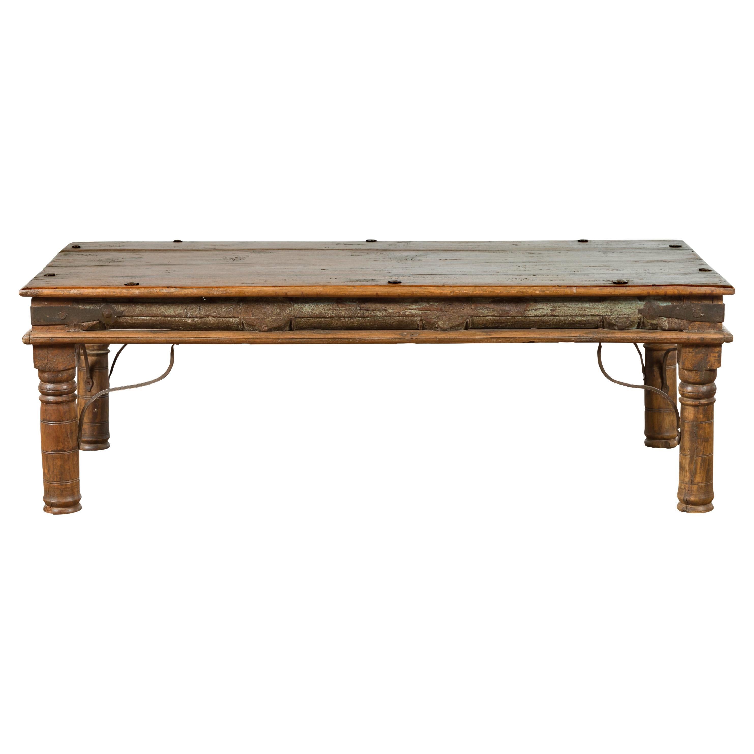 19th Century Rustic Indian Coffee Table with Painted Apron and Iron Accents
