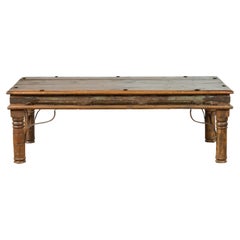 19th Century Rustic Indian Coffee Table with Painted Apron and Iron Accents
