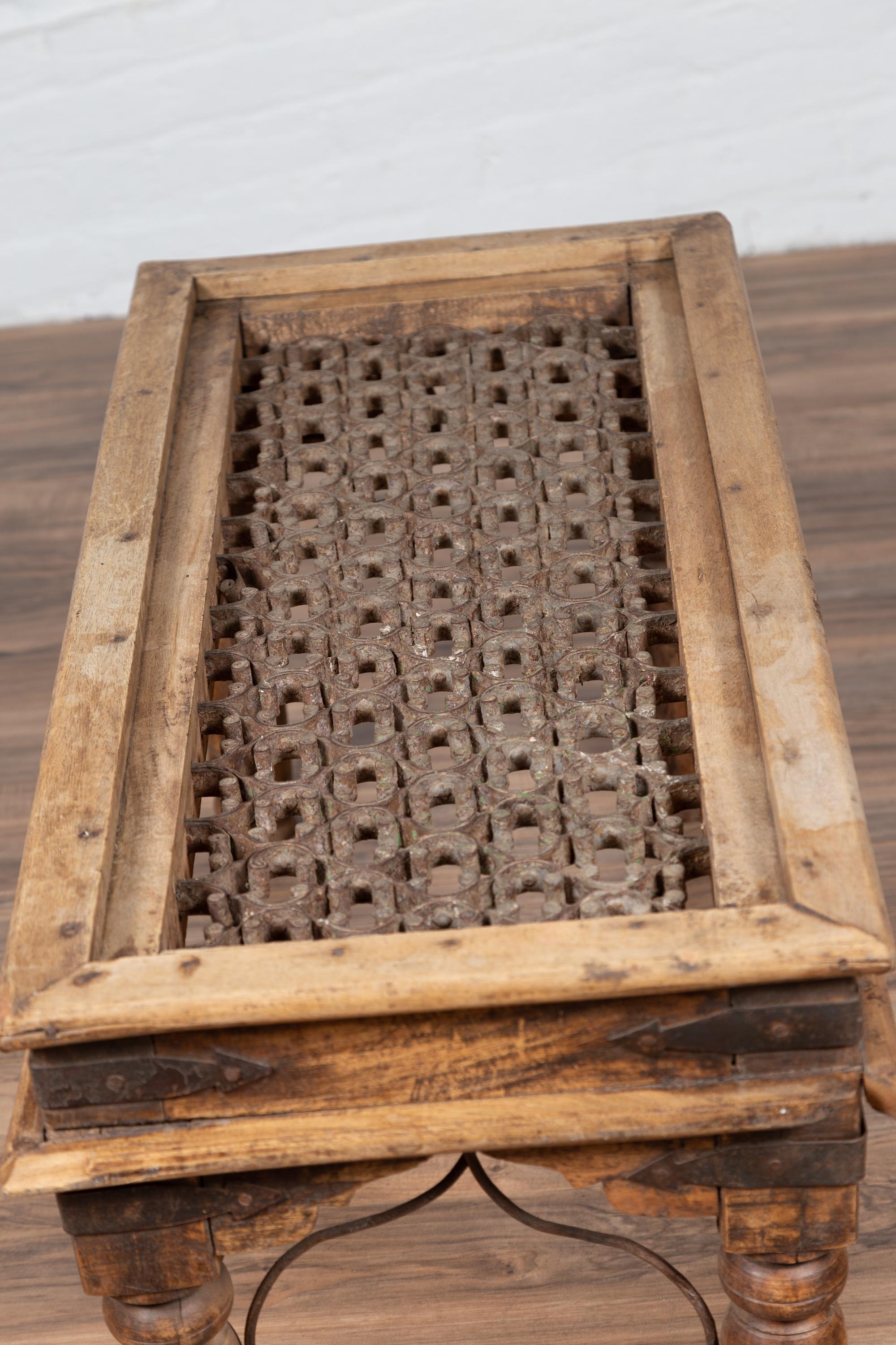 19th Century Rustic Indian Window Grate Coffee Table with Scrolled Iron Motifs 12