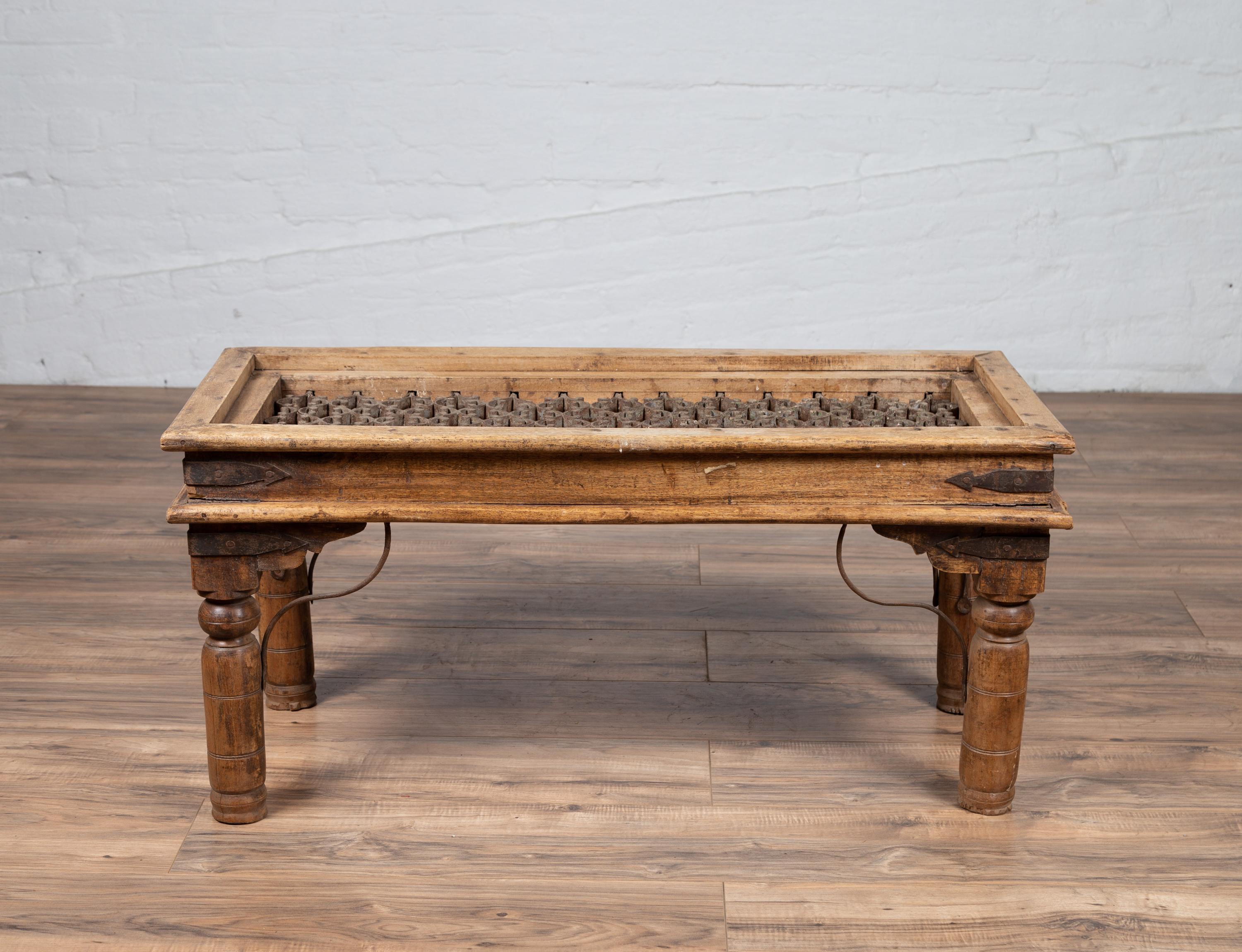 19th Century Rustic Indian Window Grate Coffee Table with Scrolled Iron Motifs 13