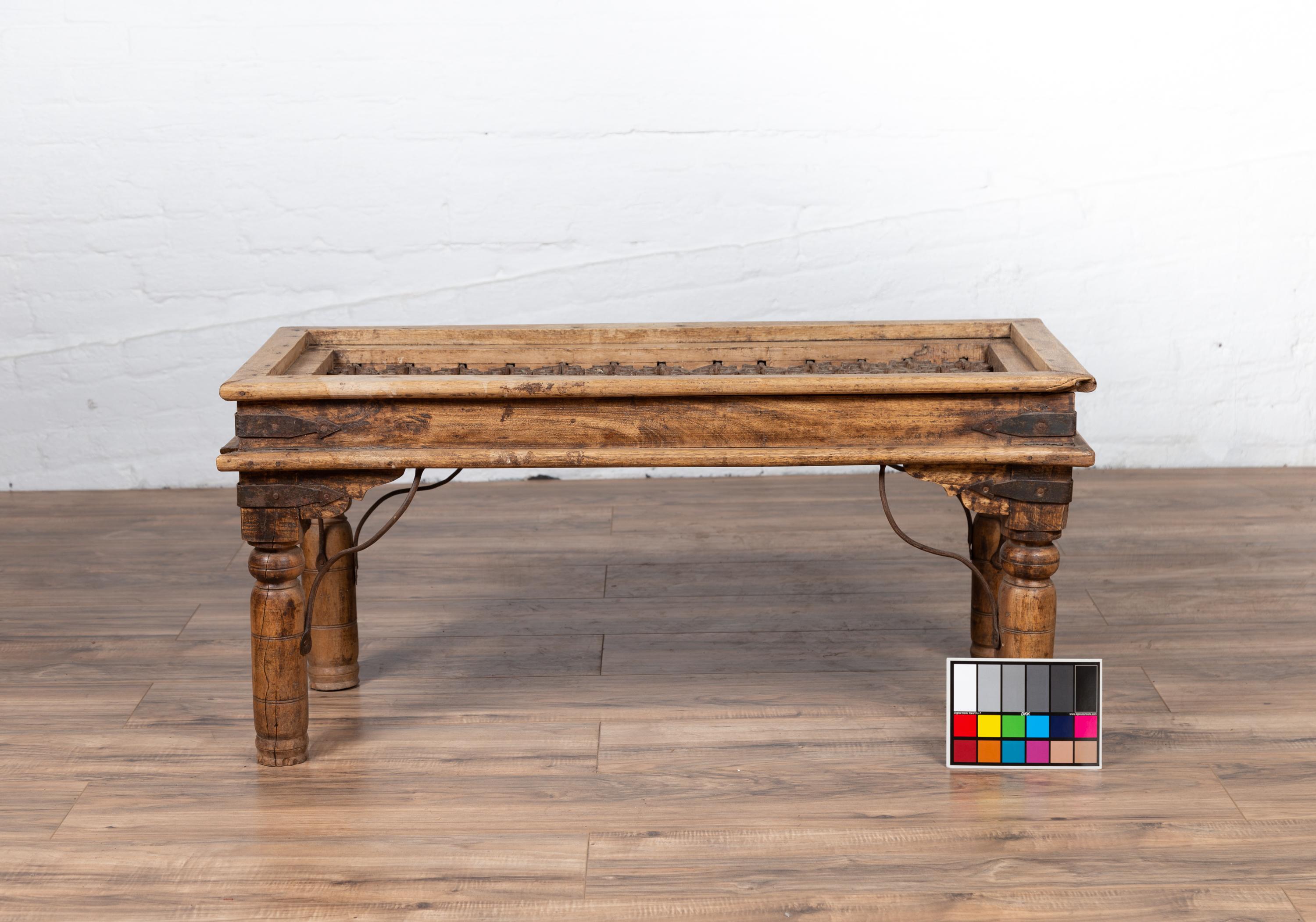 19th Century Rustic Indian Window Grate Coffee Table with Scrolled Iron Motifs 14