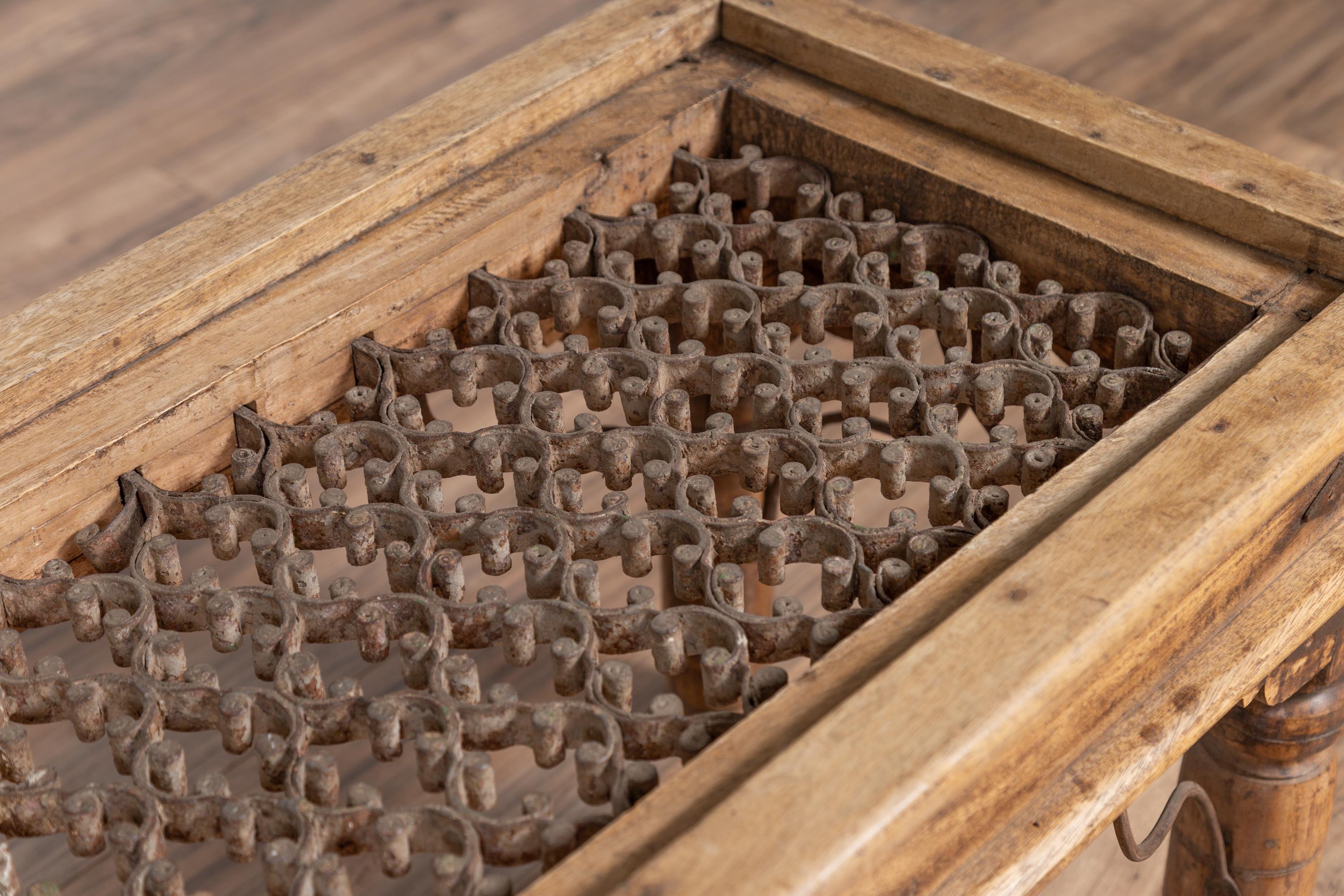 19th Century Rustic Indian Window Grate Coffee Table with Scrolled Iron Motifs 3