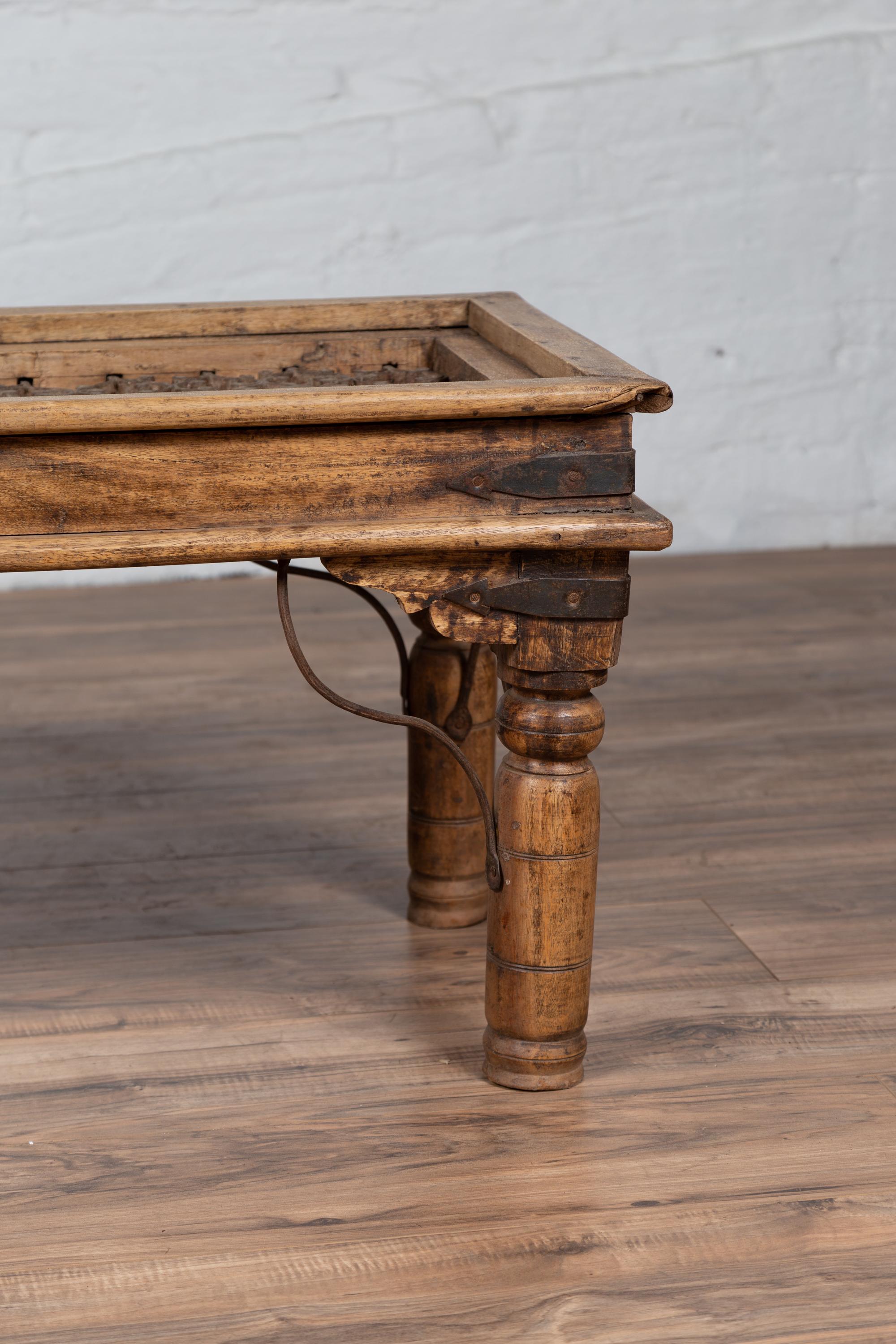 19th Century Rustic Indian Window Grate Coffee Table with Scrolled Iron Motifs 5