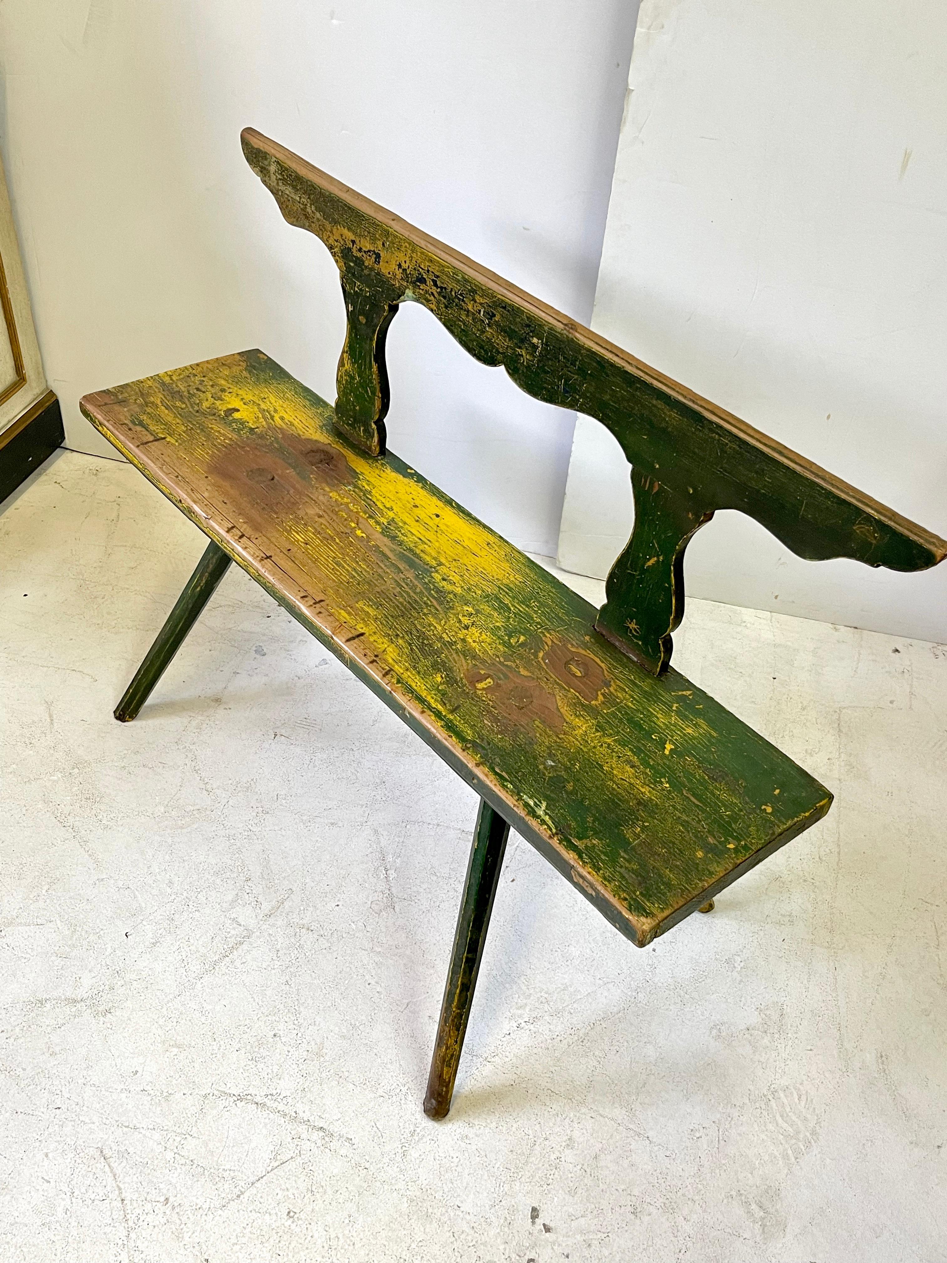 19th Century Rustic Italian Bench in Green and Yellow Paint 5