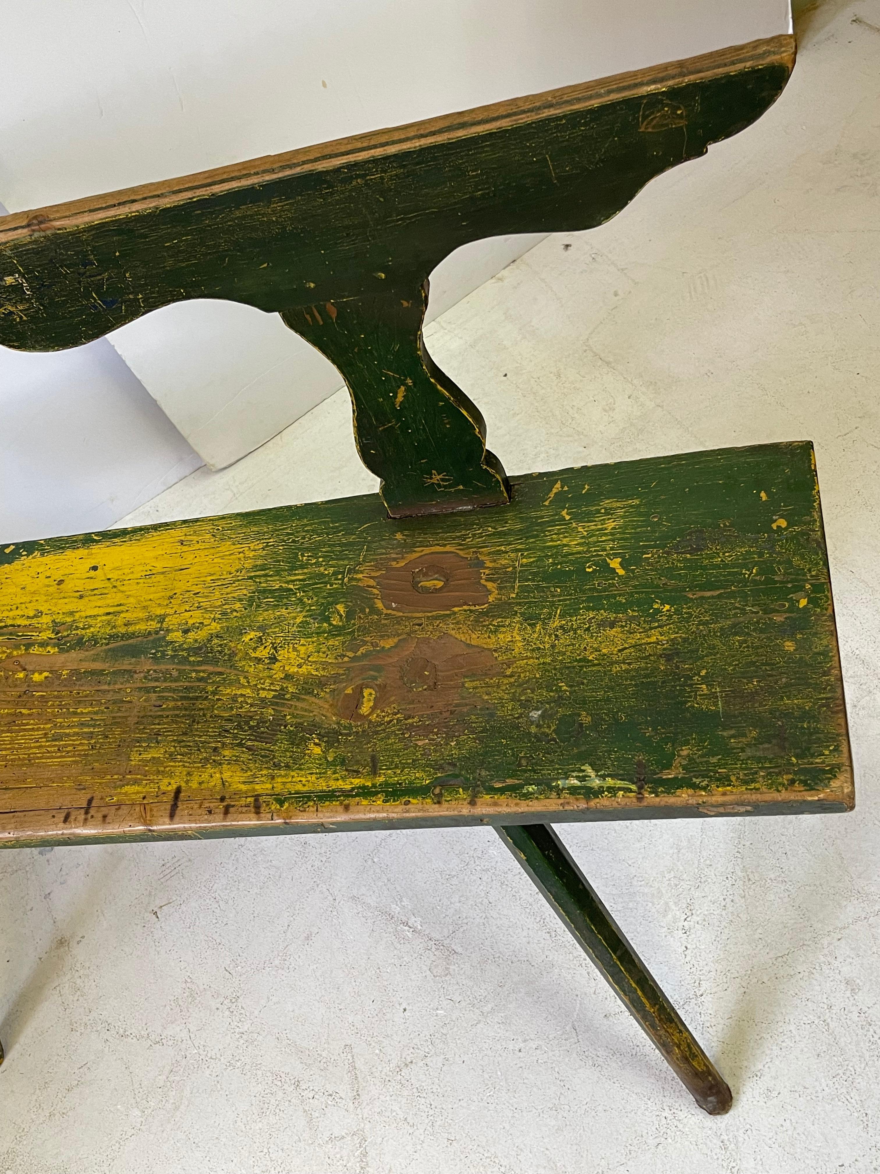 19th Century Rustic Italian Bench in Green and Yellow Paint 7