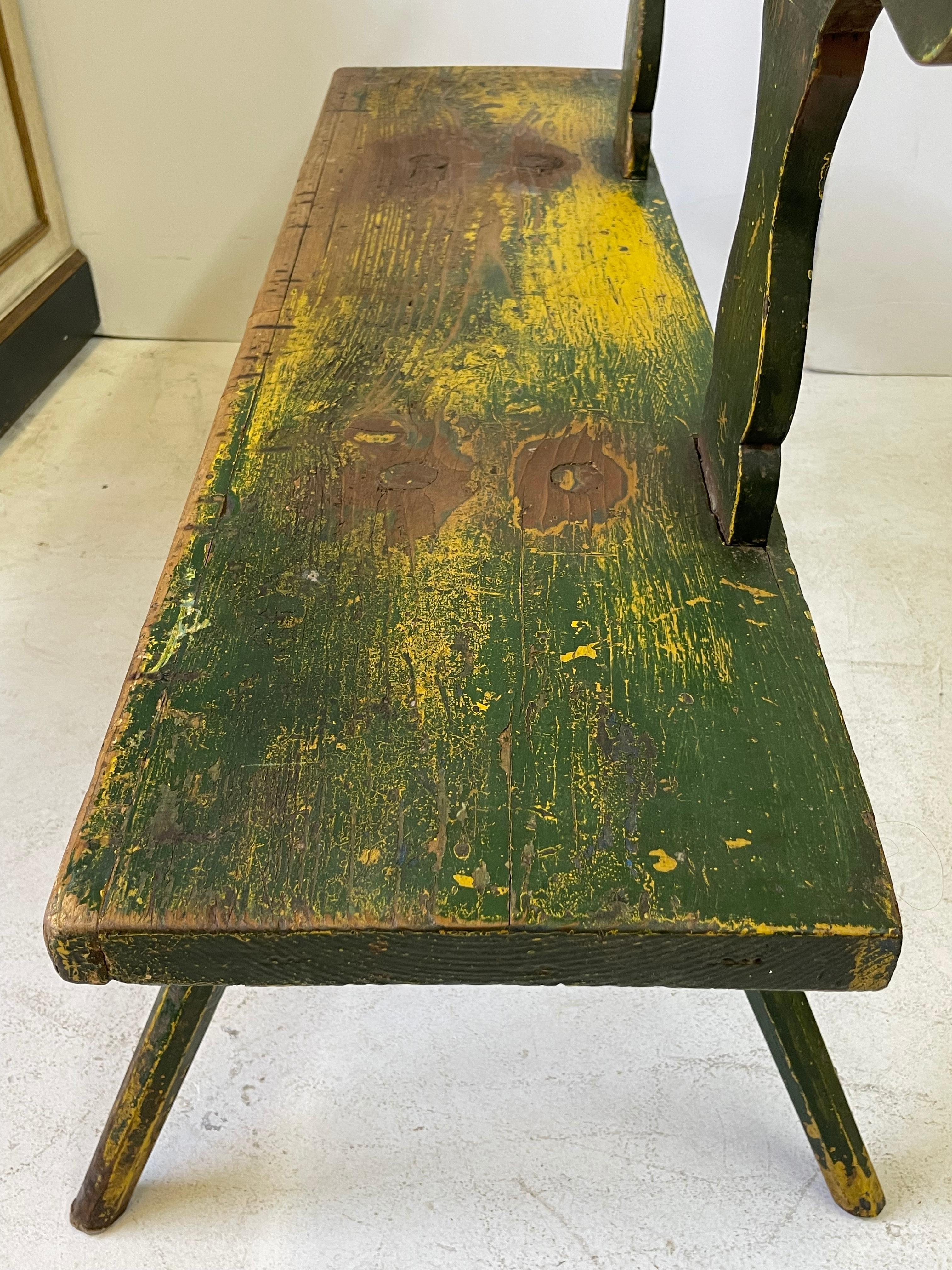 19th Century Rustic Italian Bench in Green and Yellow Paint 9