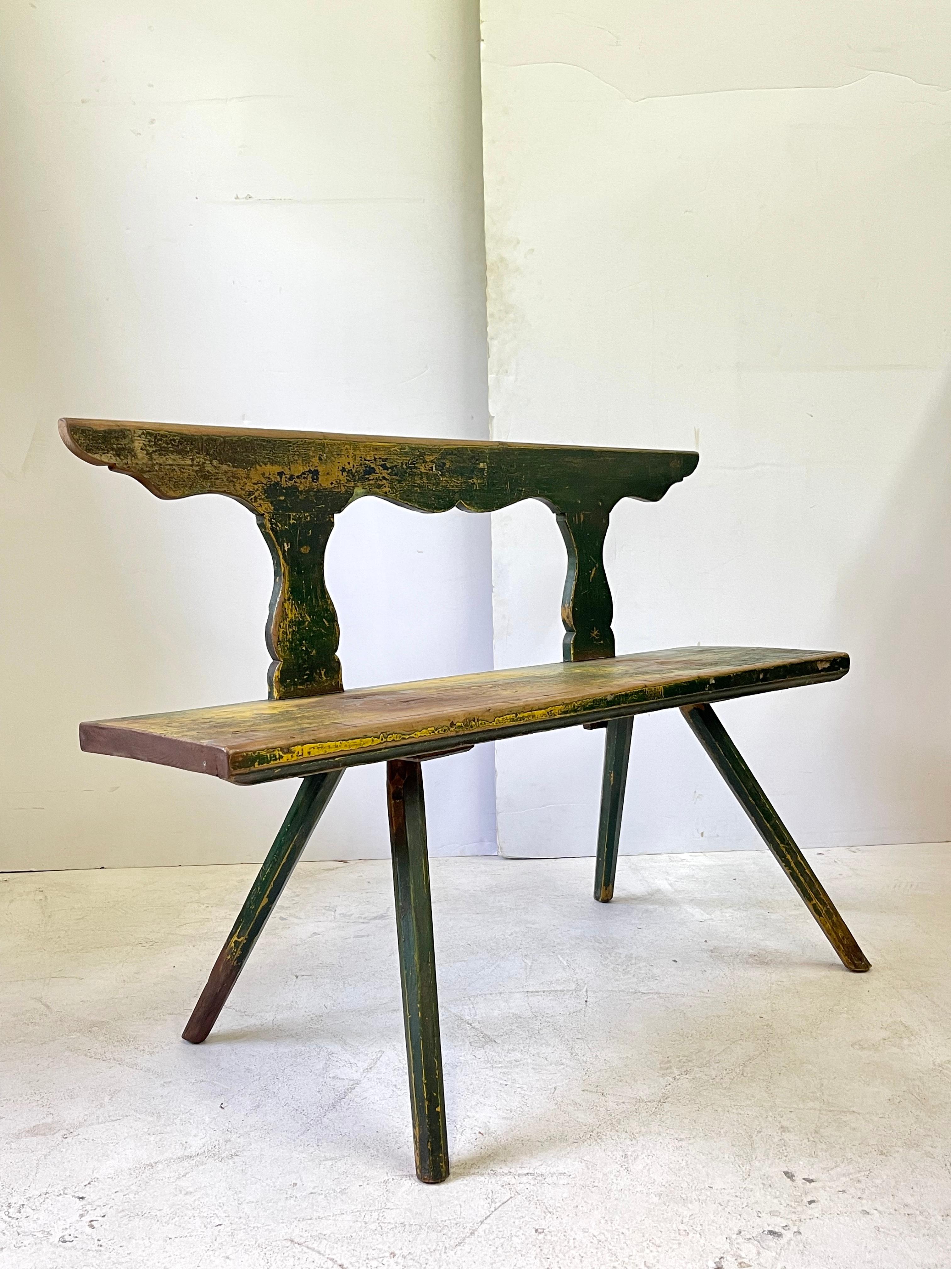 Primitive 19th Century Rustic Italian Bench in Green and Yellow Paint