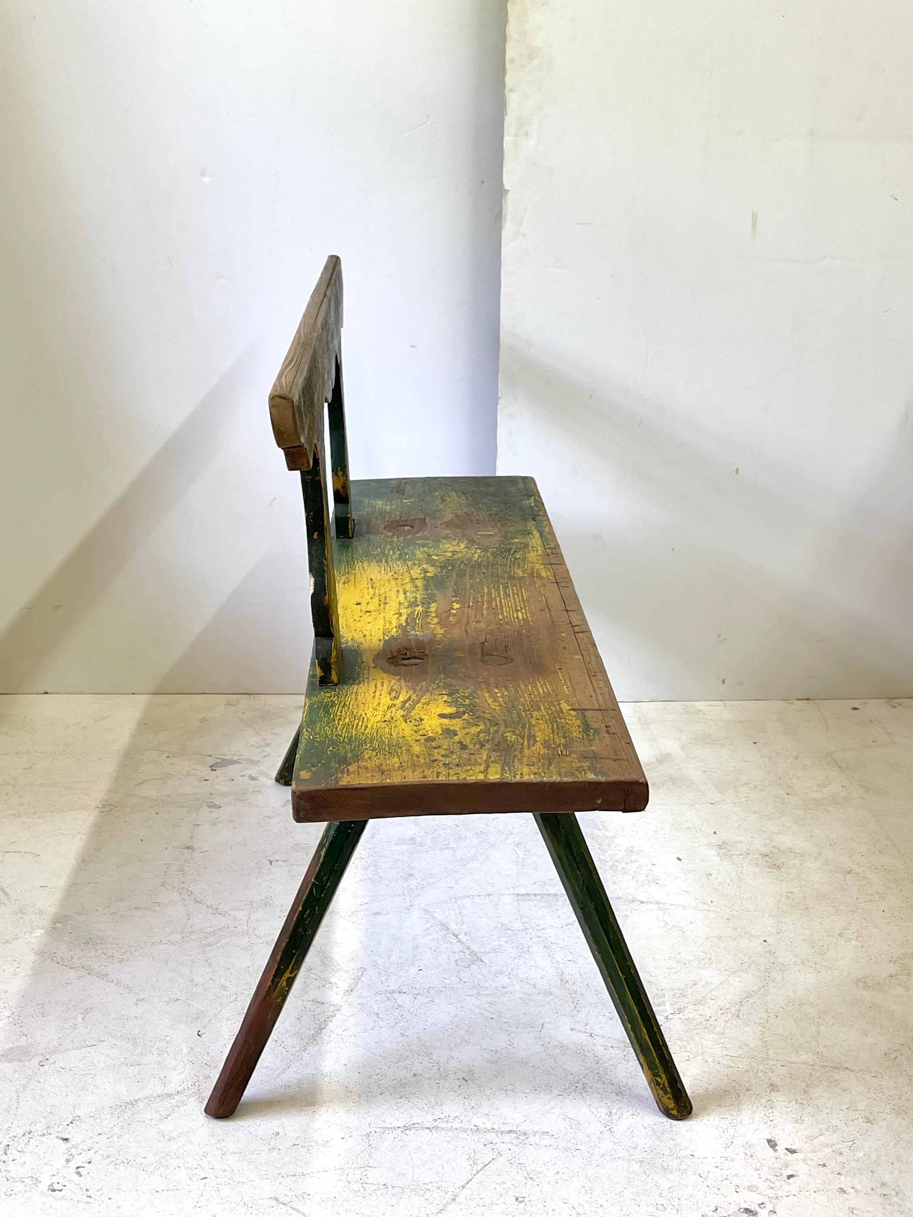Wood 19th Century Rustic Italian Bench in Green and Yellow Paint