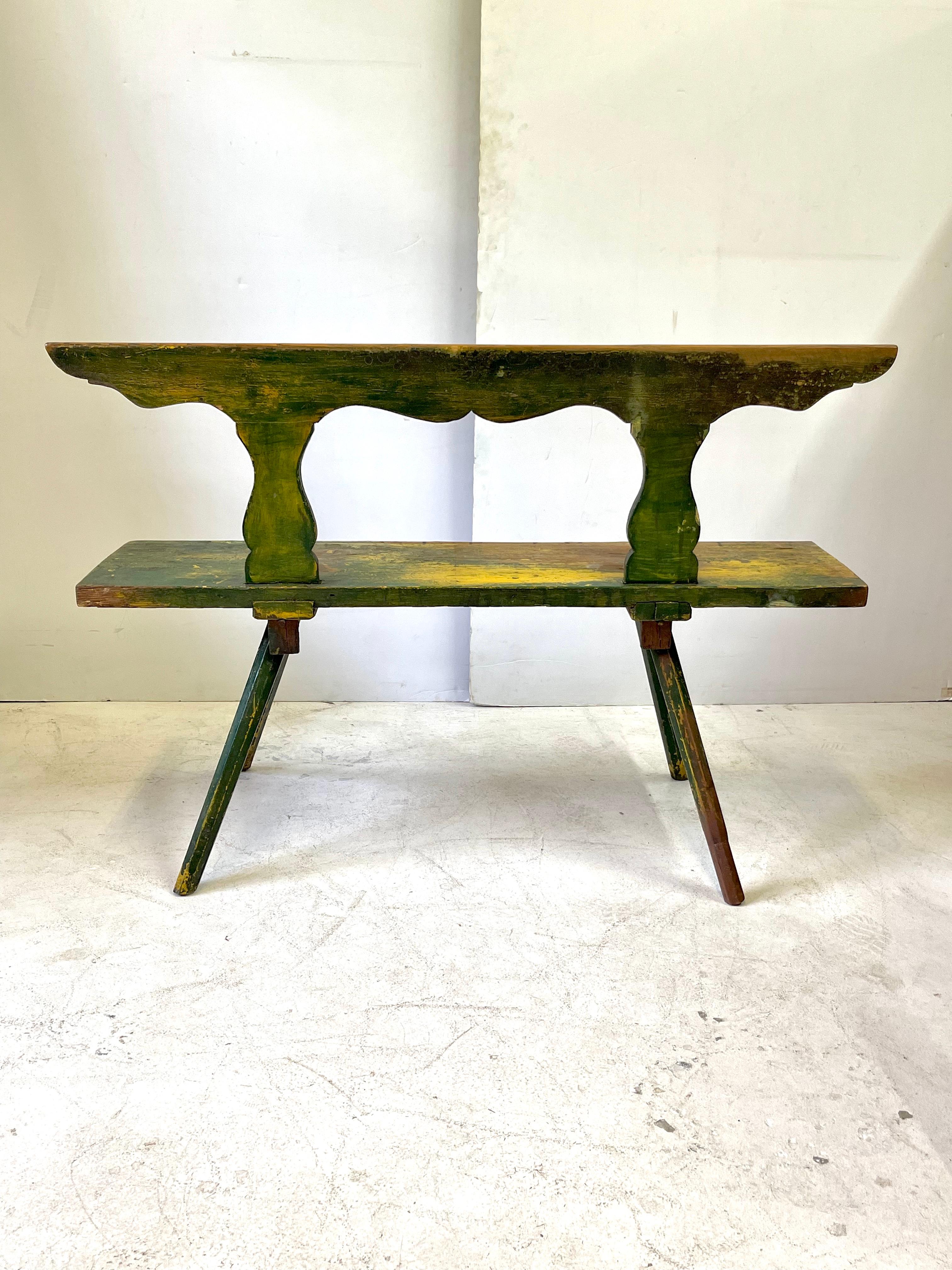 19th Century Rustic Italian Bench in Green and Yellow Paint 2