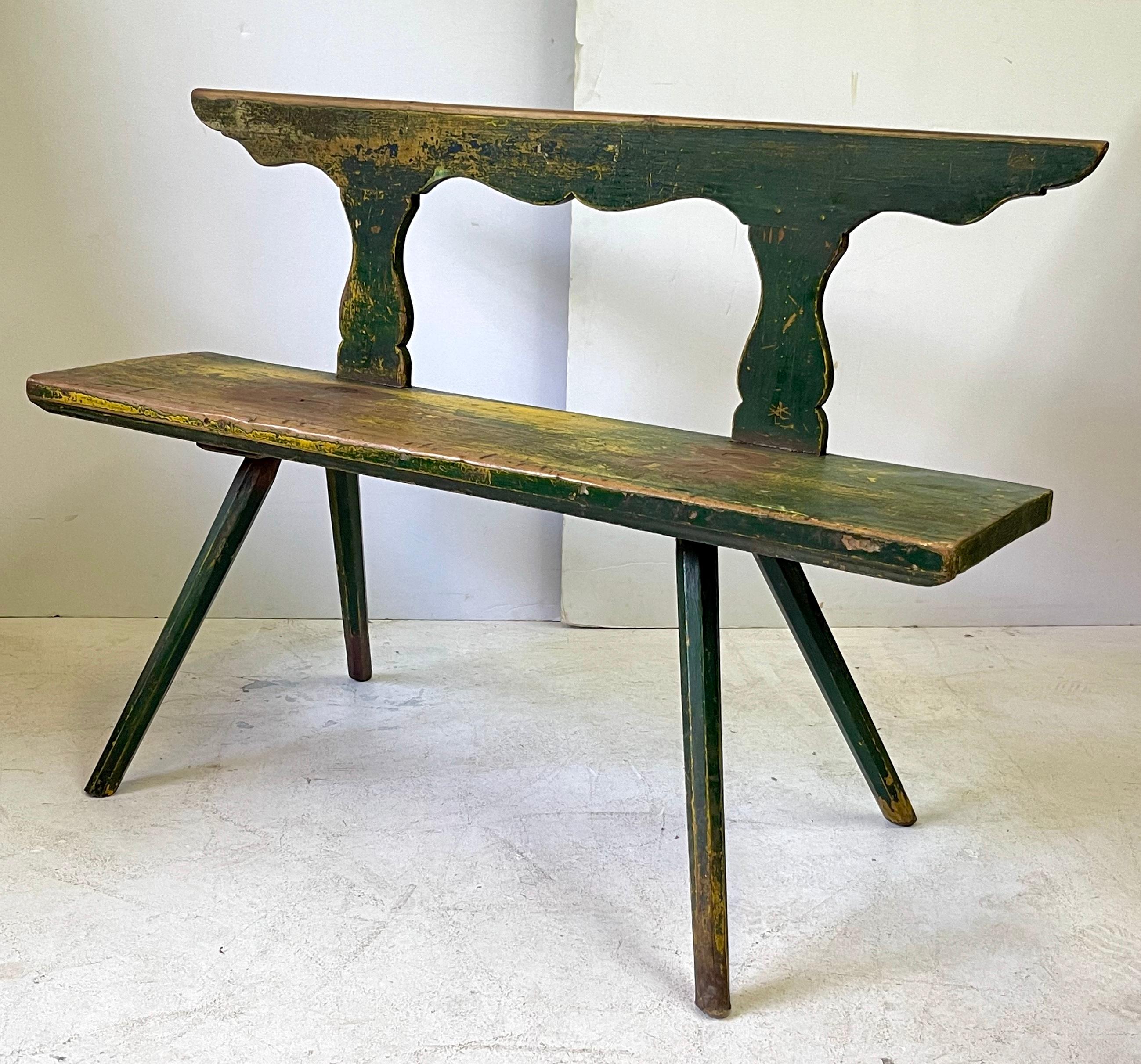 19th Century Rustic Italian Bench in Green and Yellow Paint 3