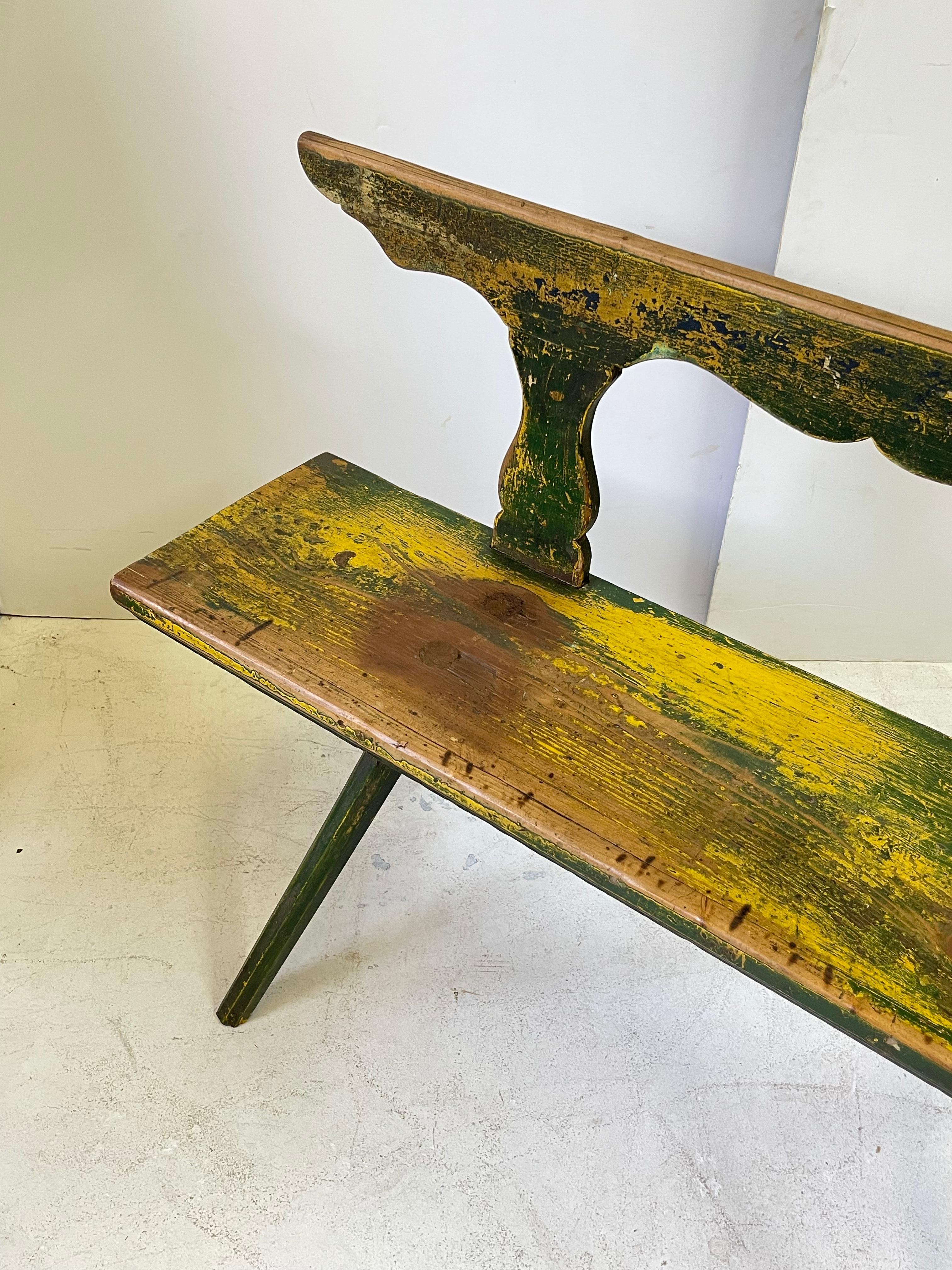 19th Century Rustic Italian Bench in Green and Yellow Paint 4