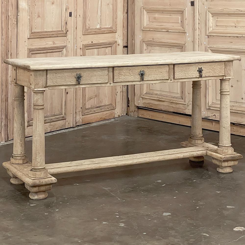 19th Century Rustic Neoclassical Sofa Table ~ Console in Stripped Oak is a unique piece, indeed! Designed to be viewed from all sides, it works anywhere in the room, even in front of a window! The depth makes for a usable surface without intruding