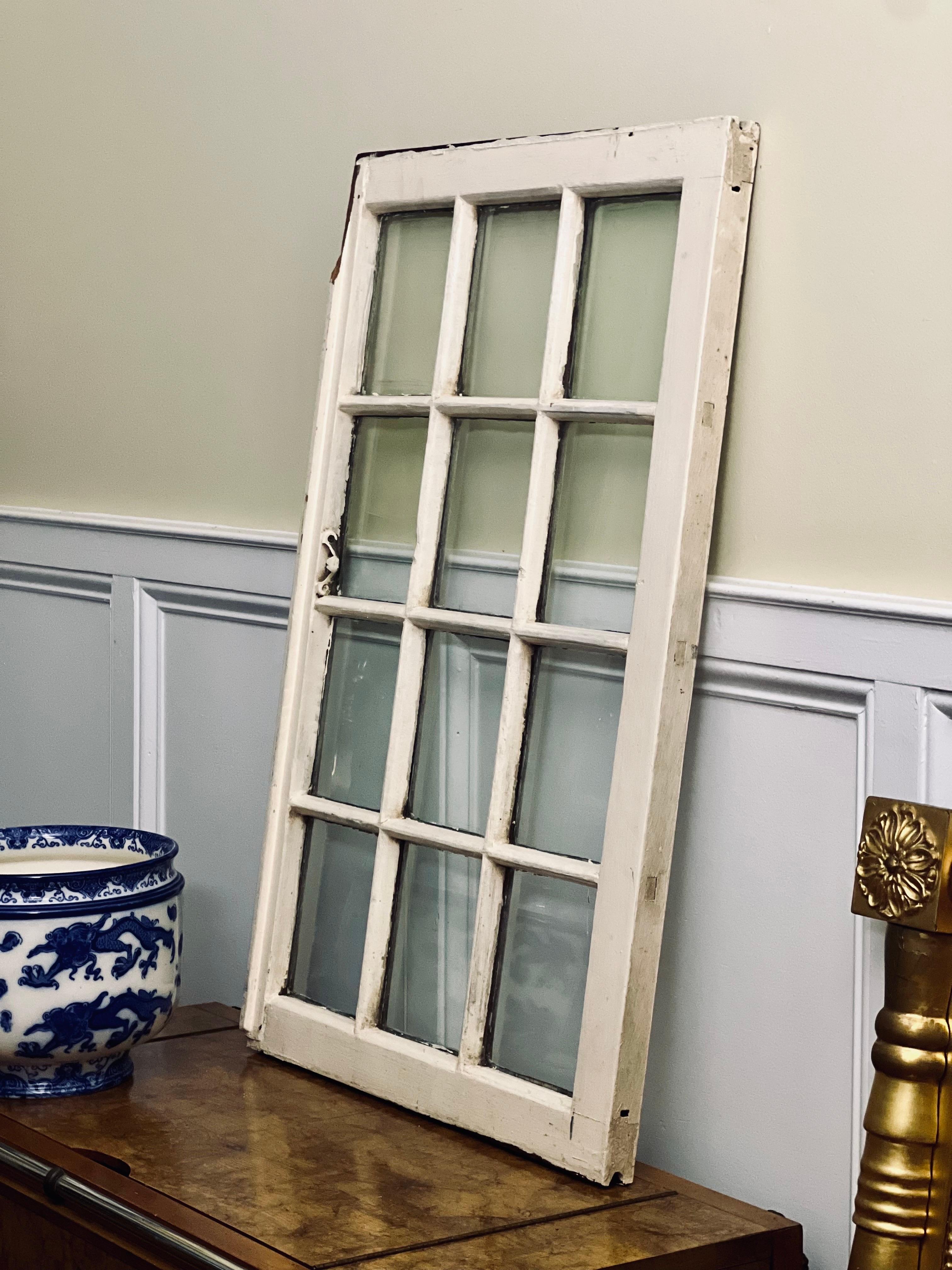 19th Century Rustic Painted Wood 12-Pane Window Sash with Original Glass For Sale 5