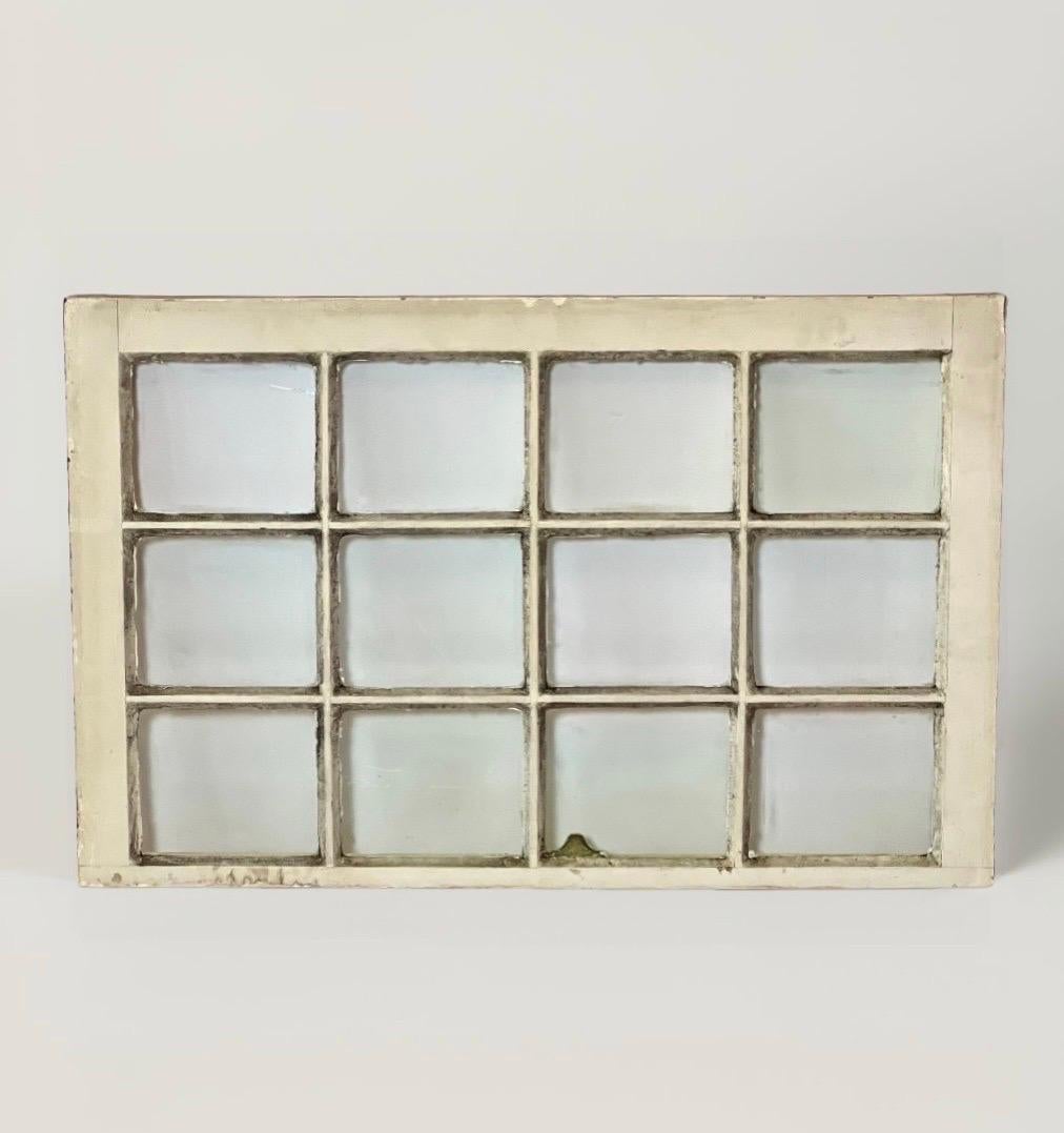Primitive 19th Century Rustic Painted Wood 12-Pane Window Sash with Original Glass For Sale