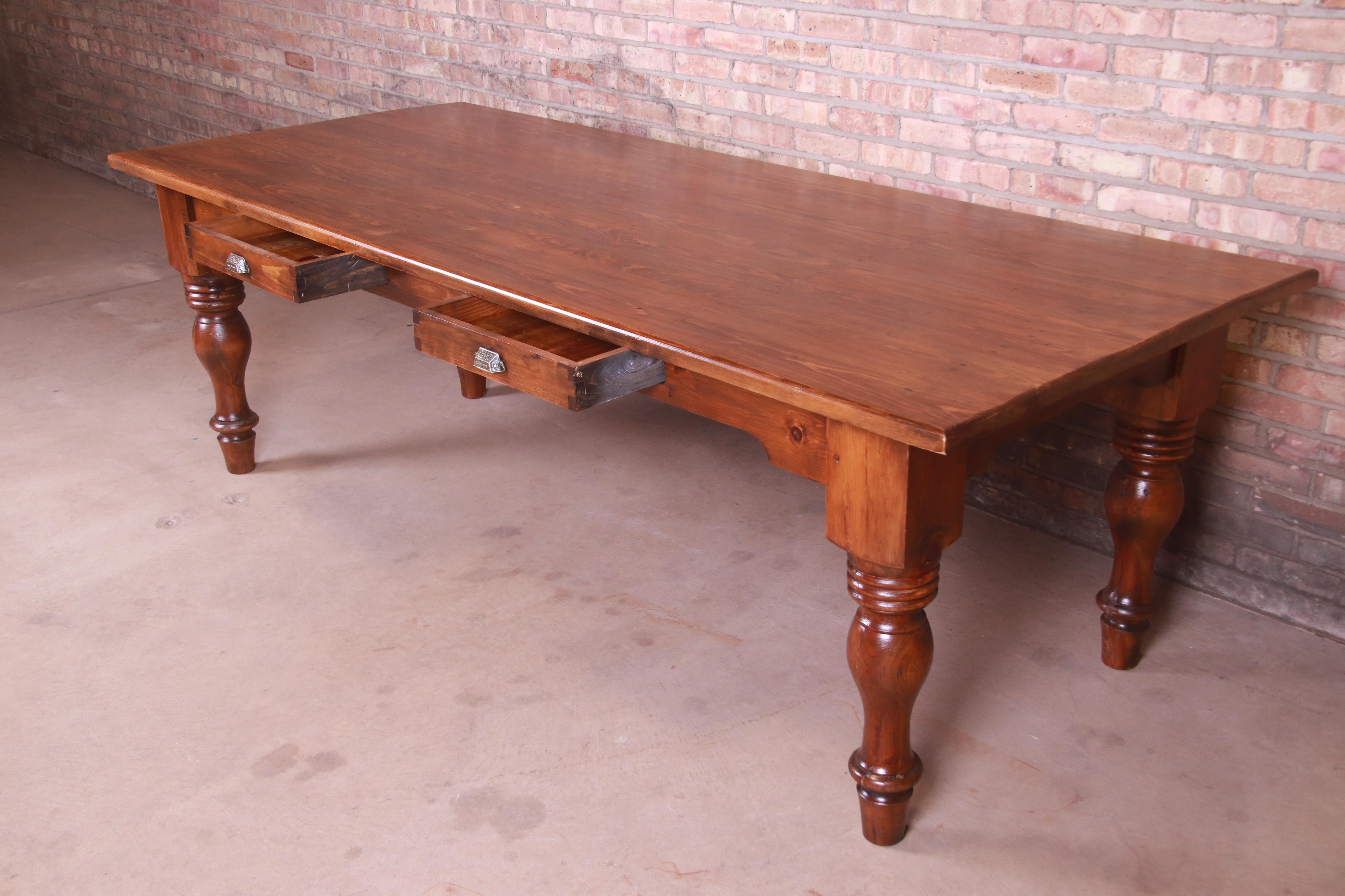 19th Century Rustic Pine American Harvest Farm Table with Drawers 6