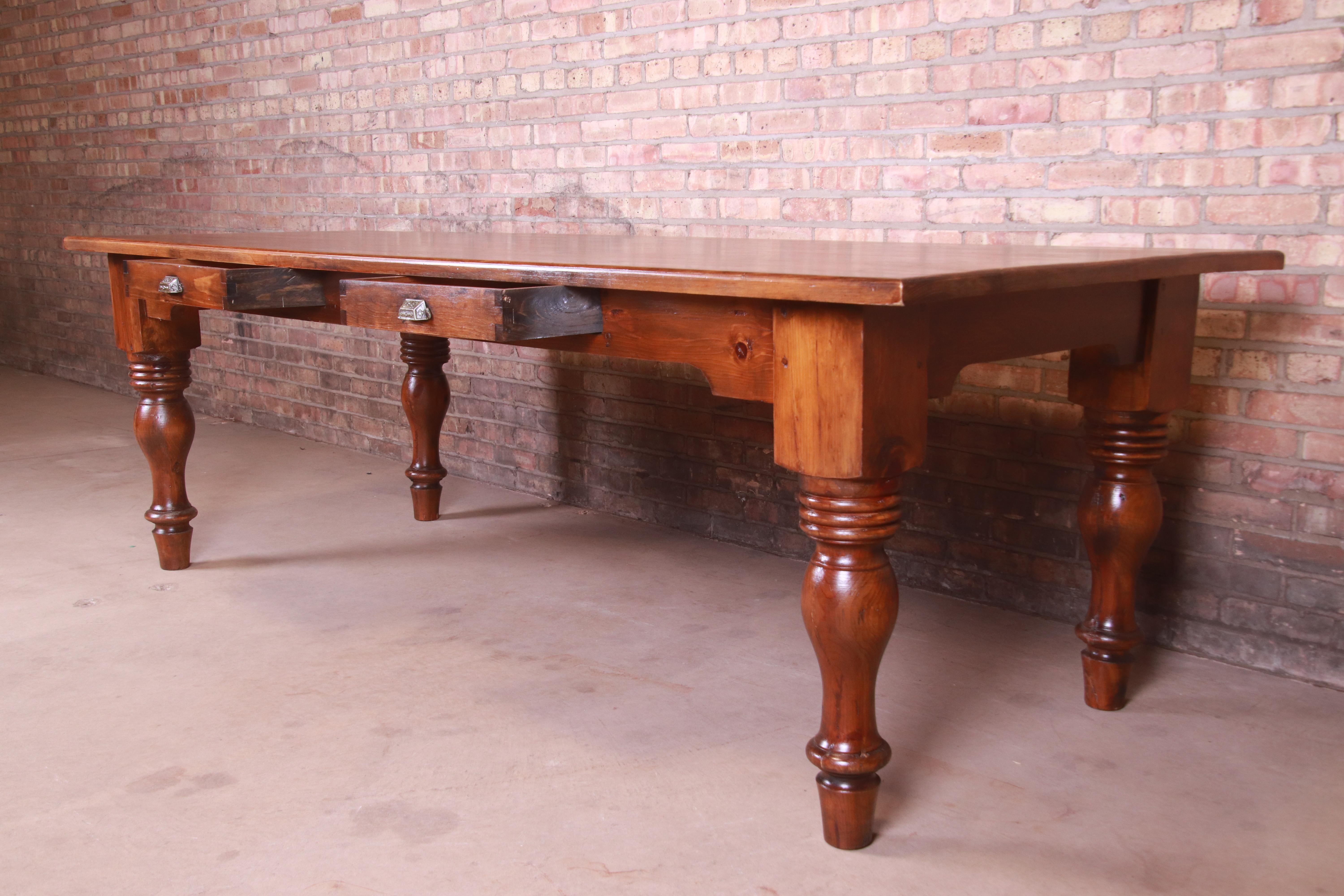 19th Century Rustic Pine American Harvest Farm Table with Drawers 7
