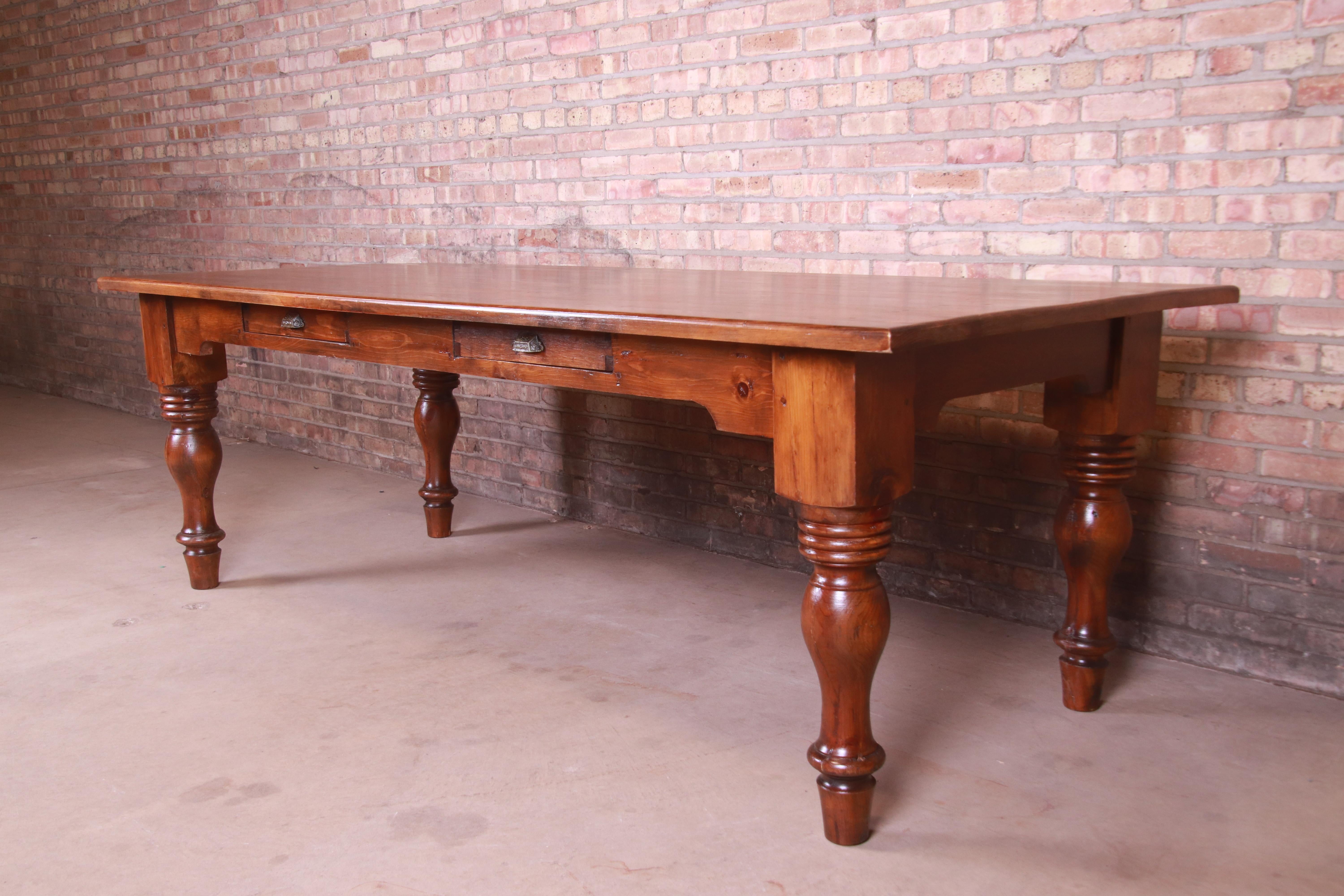 Brass 19th Century Rustic Pine American Harvest Farm Table with Drawers