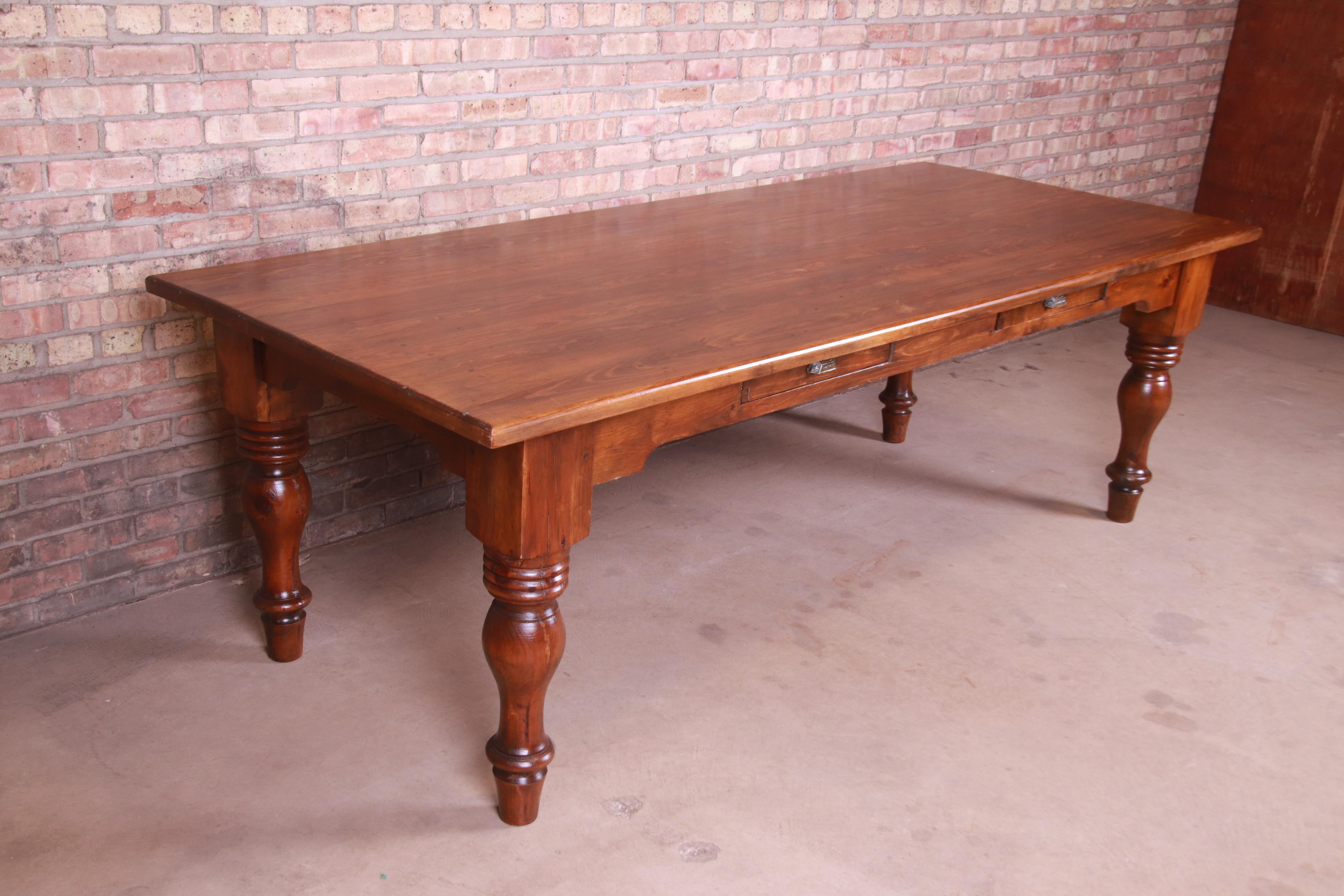 19th Century Rustic Pine American Harvest Farm Table with Drawers 1