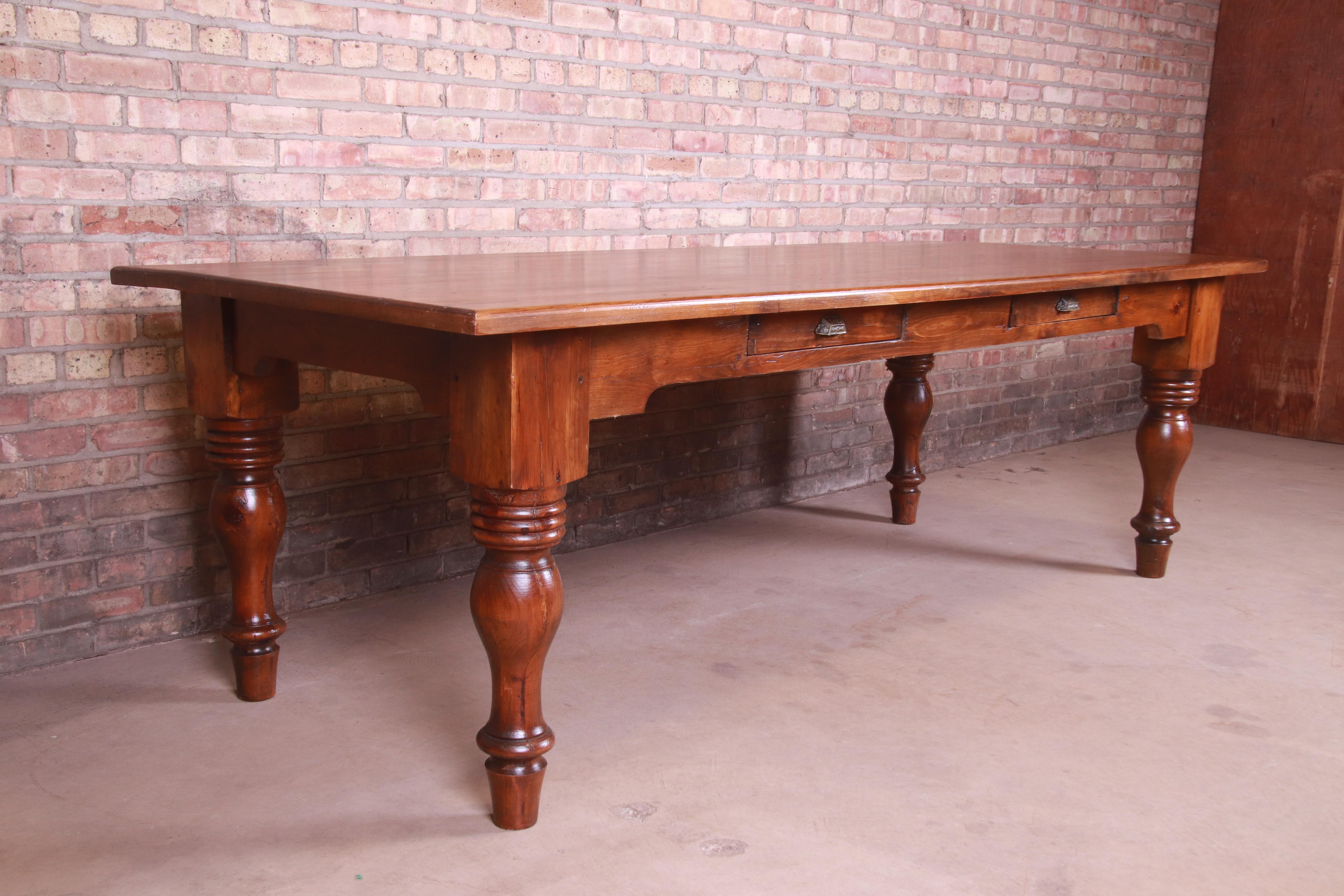 19th Century Rustic Pine American Harvest Farm Table with Drawers 2
